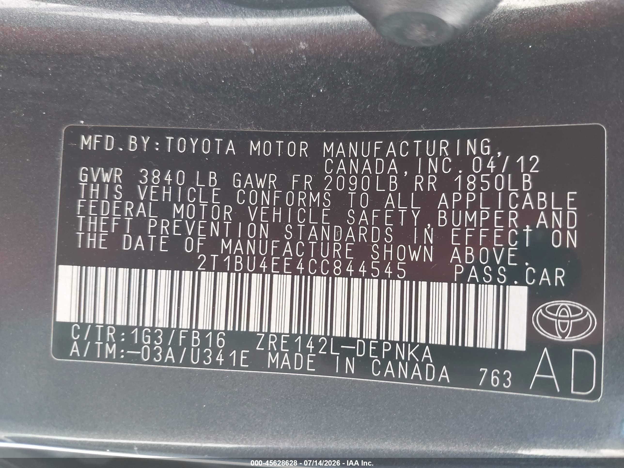 2012 Toyota Corolla Le Gray vin: 2T1BU4EE4CC844545