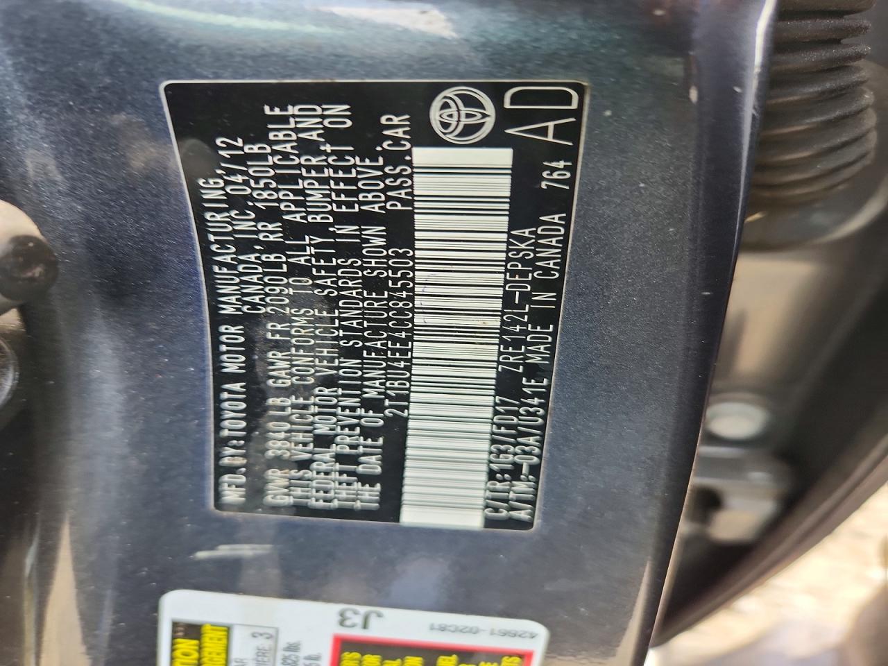 2012 Toyota Corolla S Gray vin: 2T1BU4EE4CC845503