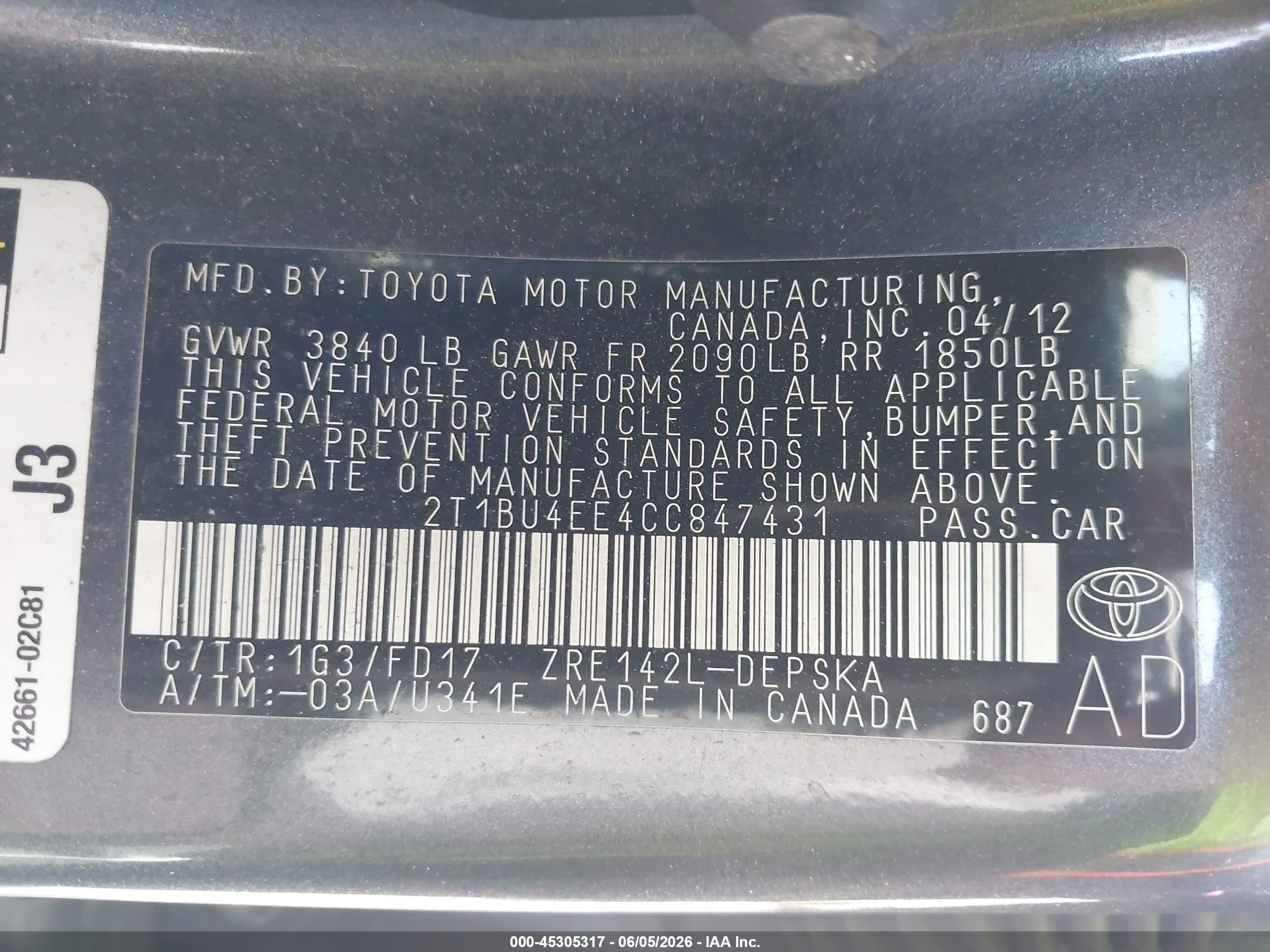 2012 Toyota Corolla S Gray vin: 2T1BU4EE4CC847431