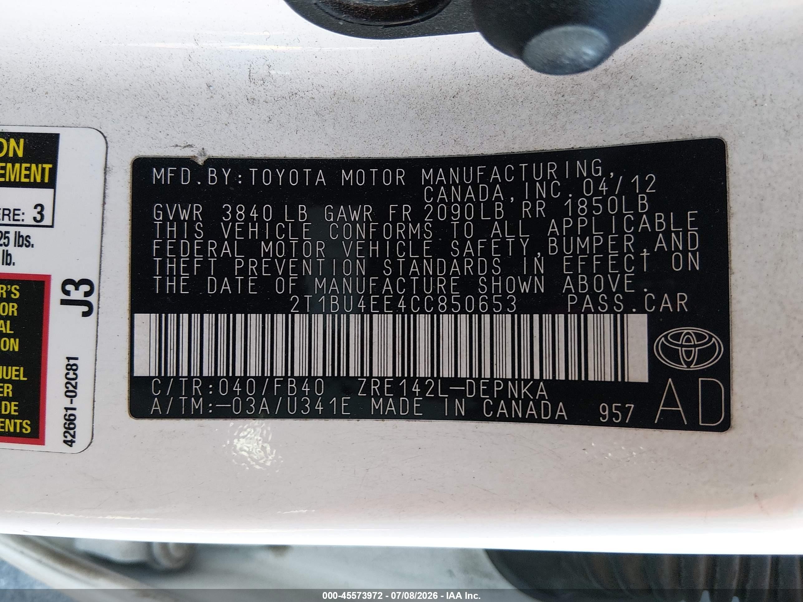2012 Toyota Corolla Le White vin: 2T1BU4EE4CC850653