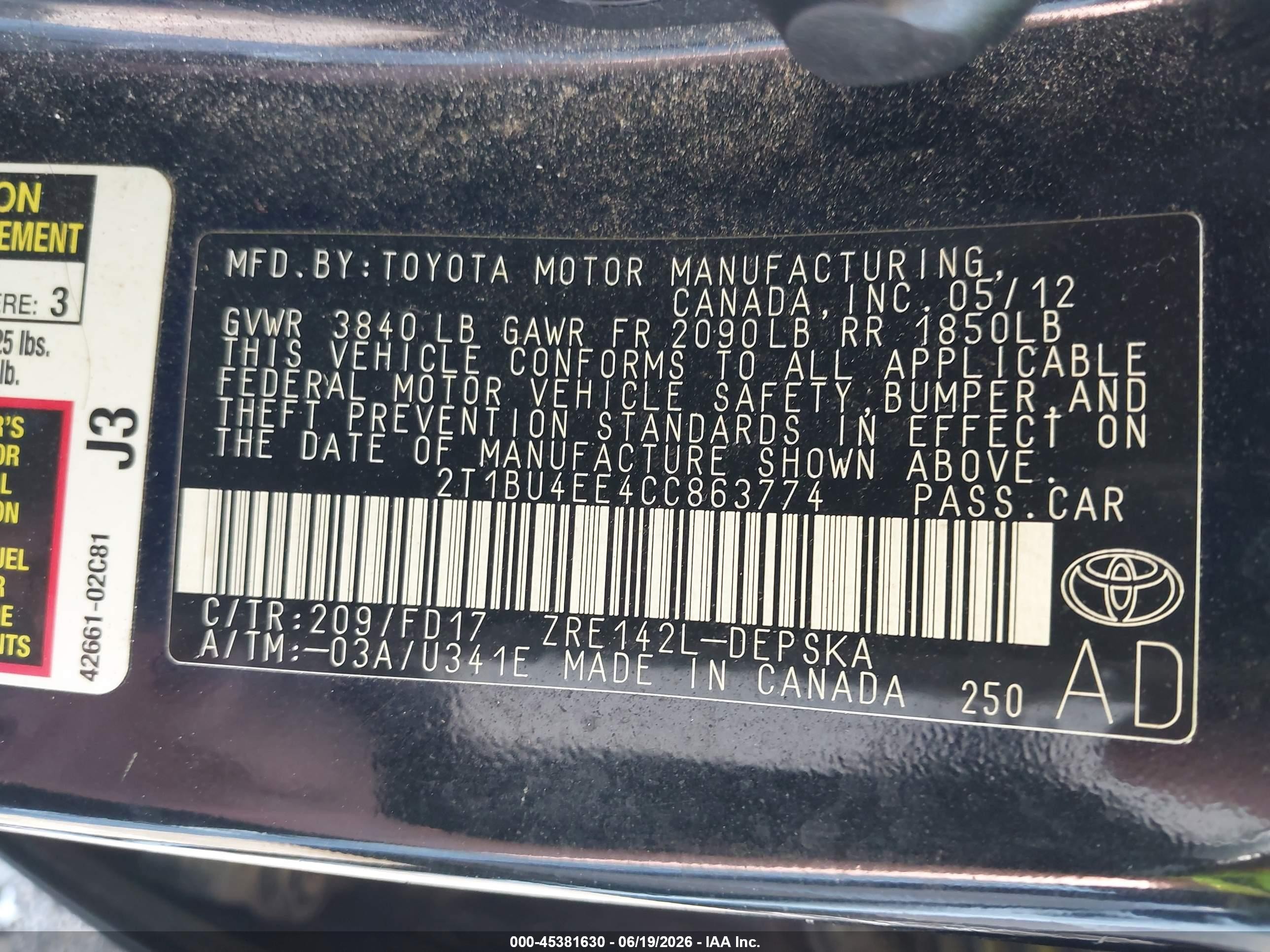 2012 Toyota Corolla S Black vin: 2T1BU4EE4CC863774