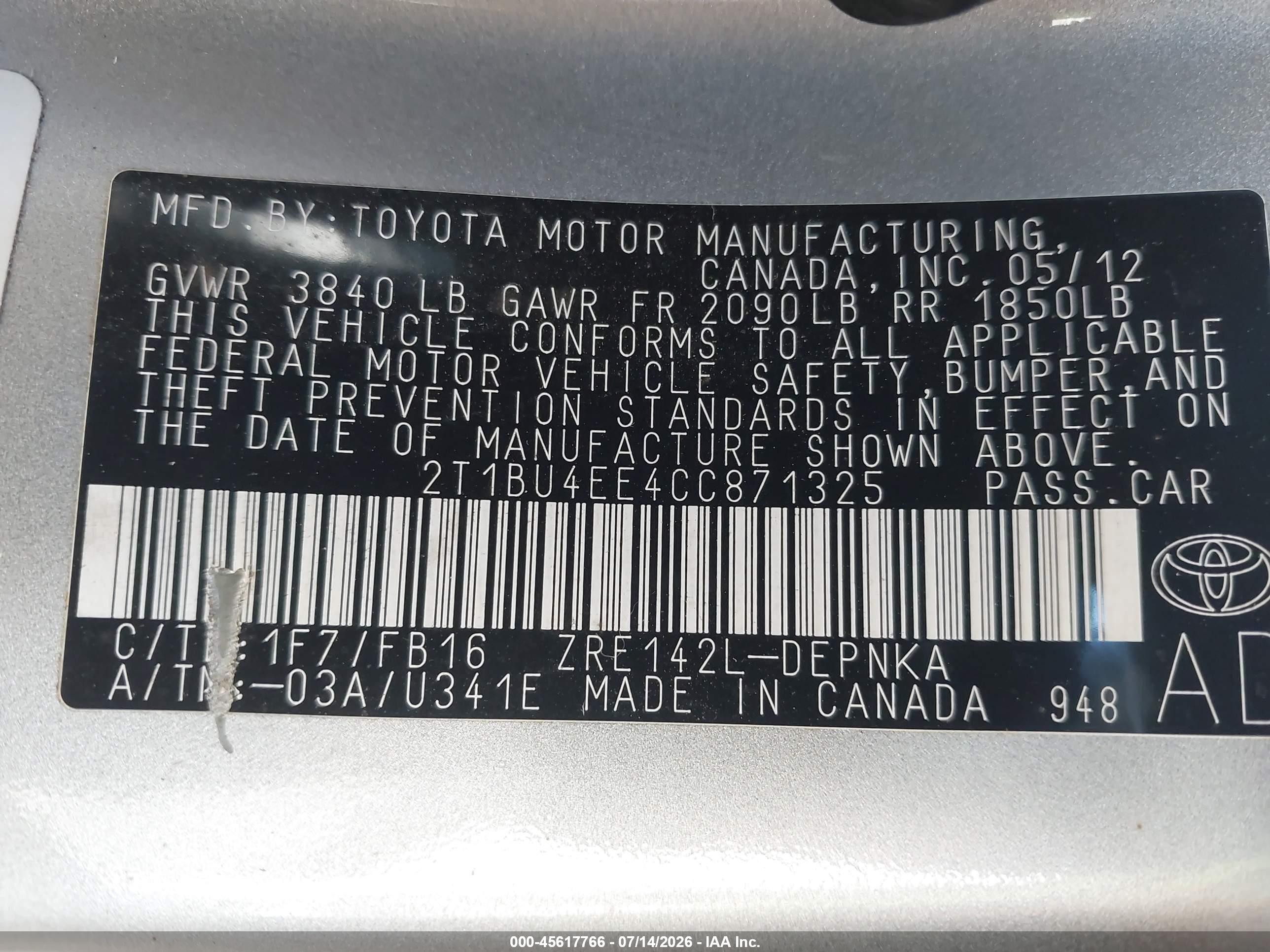 2012 Toyota Corolla Le Silver vin: 2T1BU4EE4CC871325