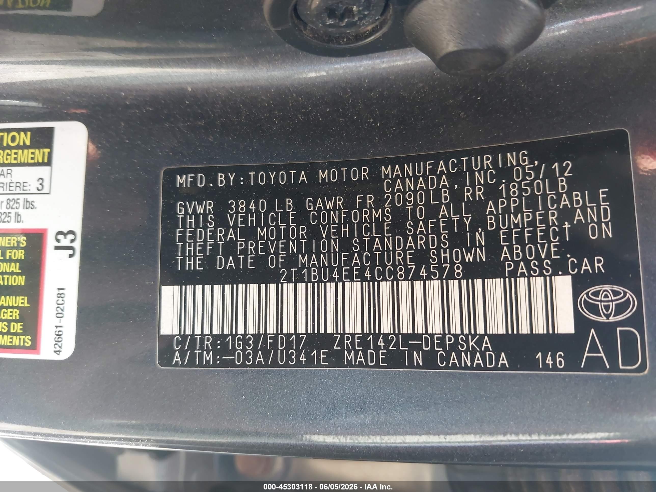 2012 Toyota Corolla S Gray vin: 2T1BU4EE4CC874578