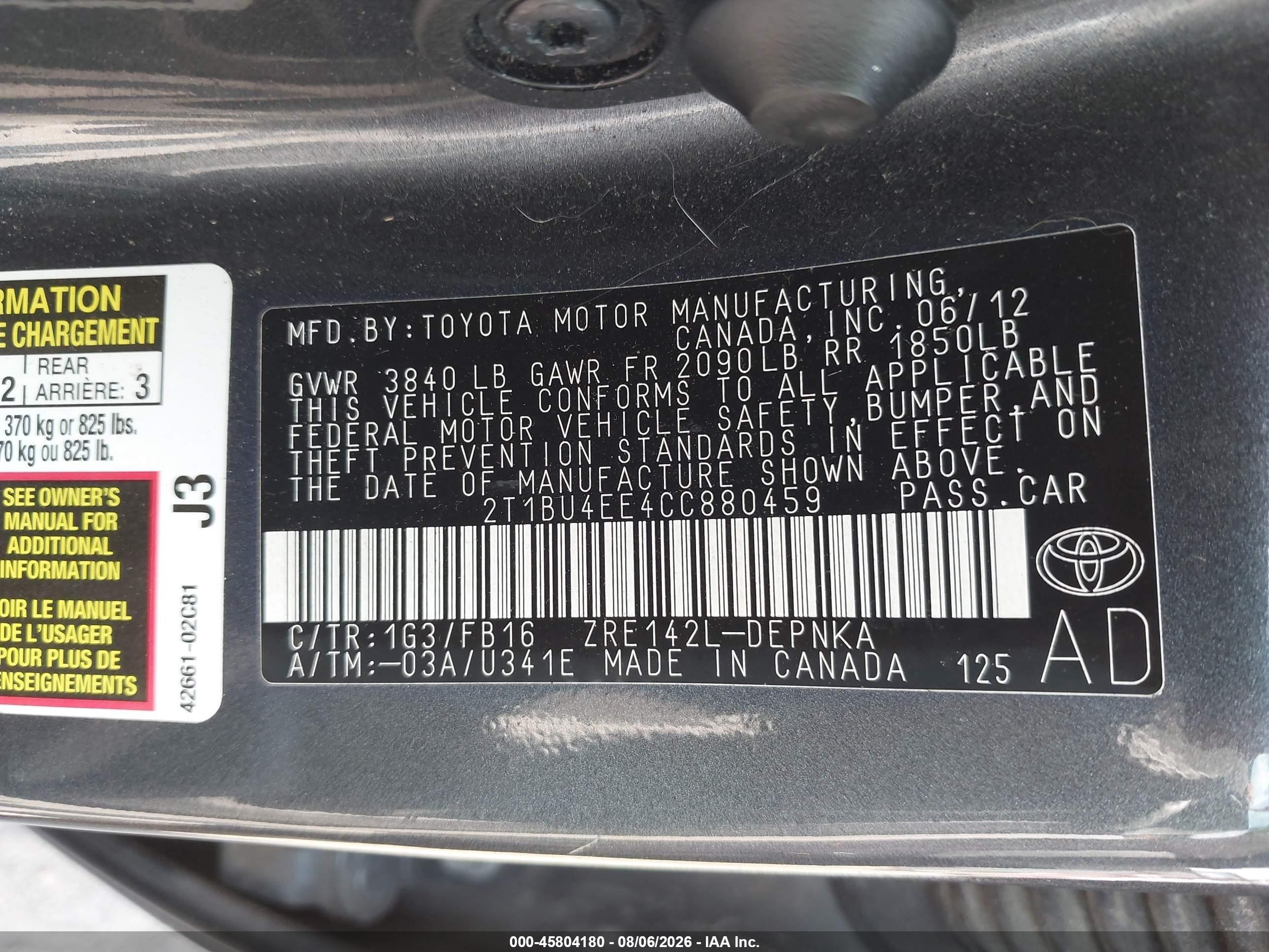 2012 Toyota Corolla Le Gray vin: 2T1BU4EE4CC880459
