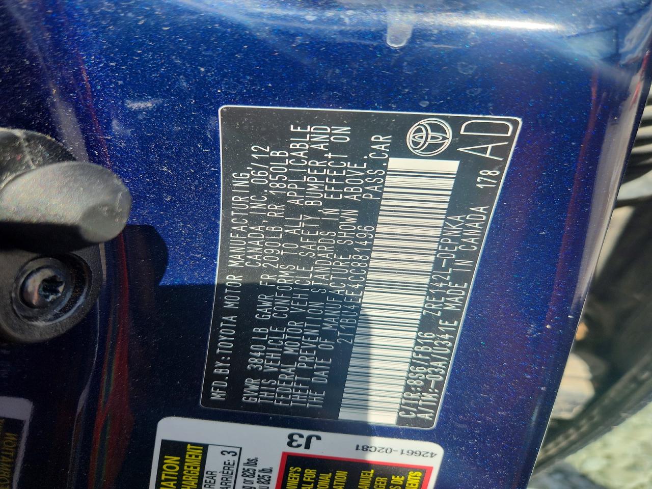 2012 Toyota Corolla Le Blue vin: 2T1BU4EE4CC881496
