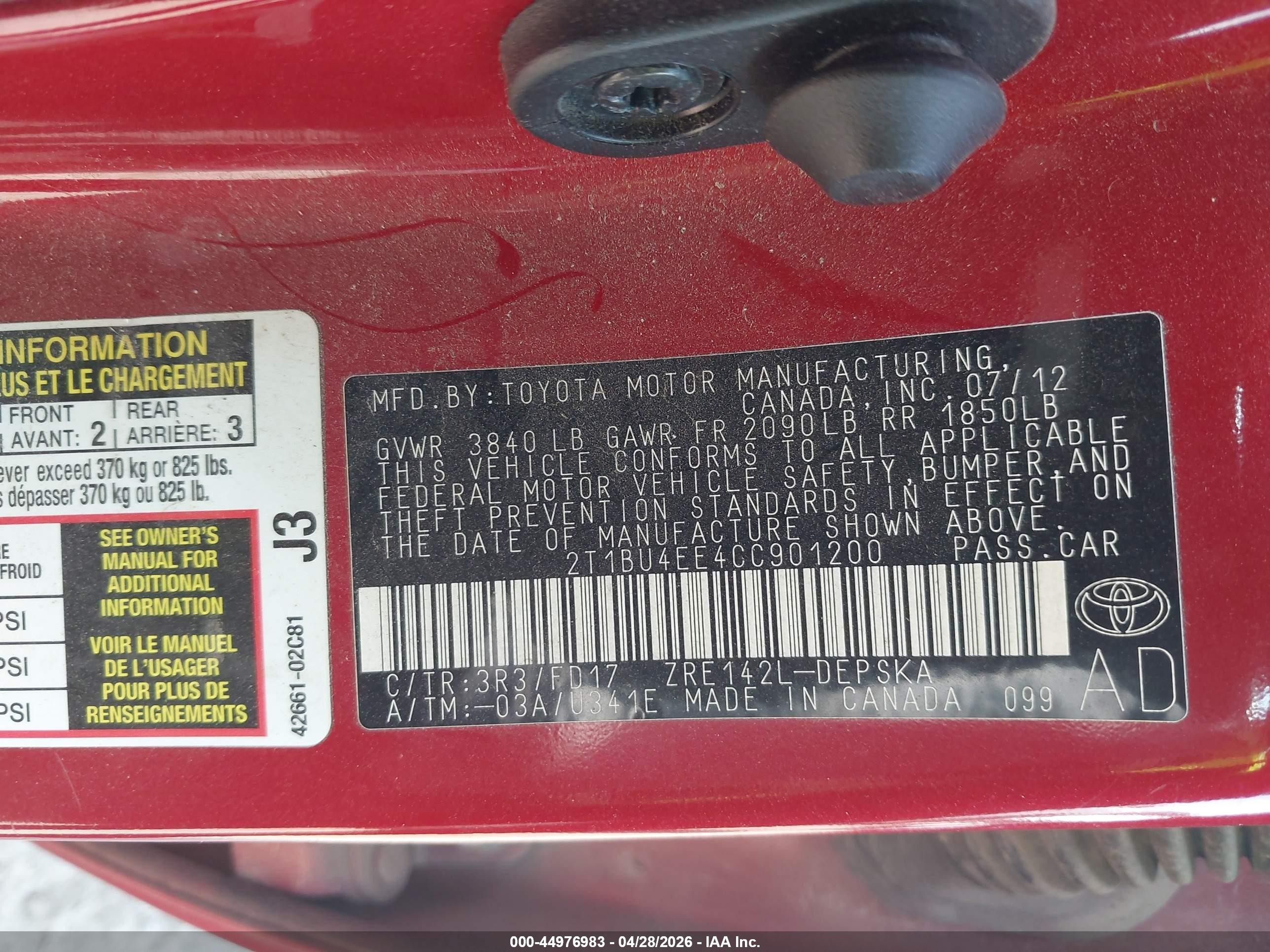 2012 Toyota Corolla S Red vin: 2T1BU4EE4CC901200