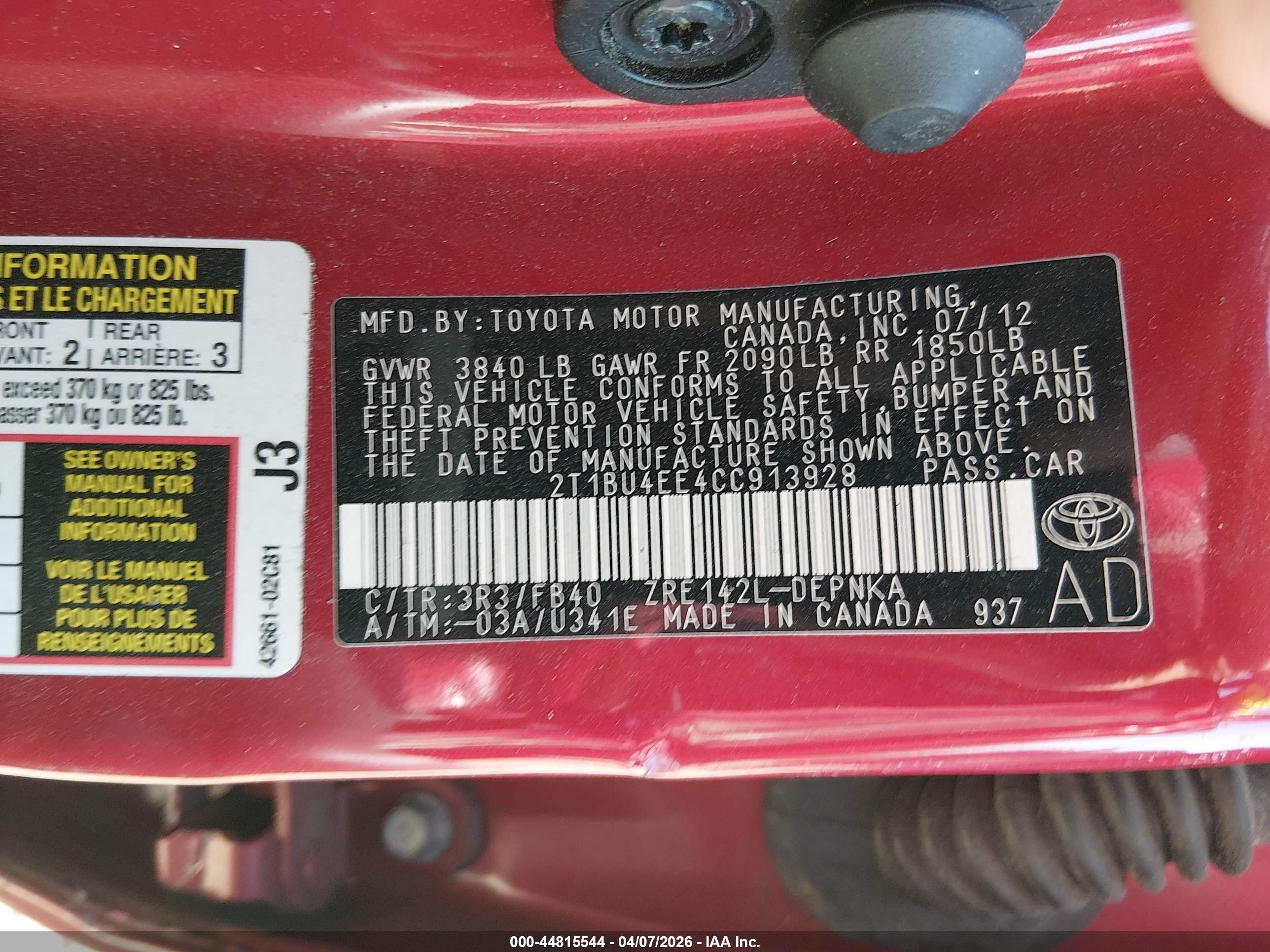 2012 Toyota Corolla Le Бордовый vin: 2T1BU4EE4CC913928
