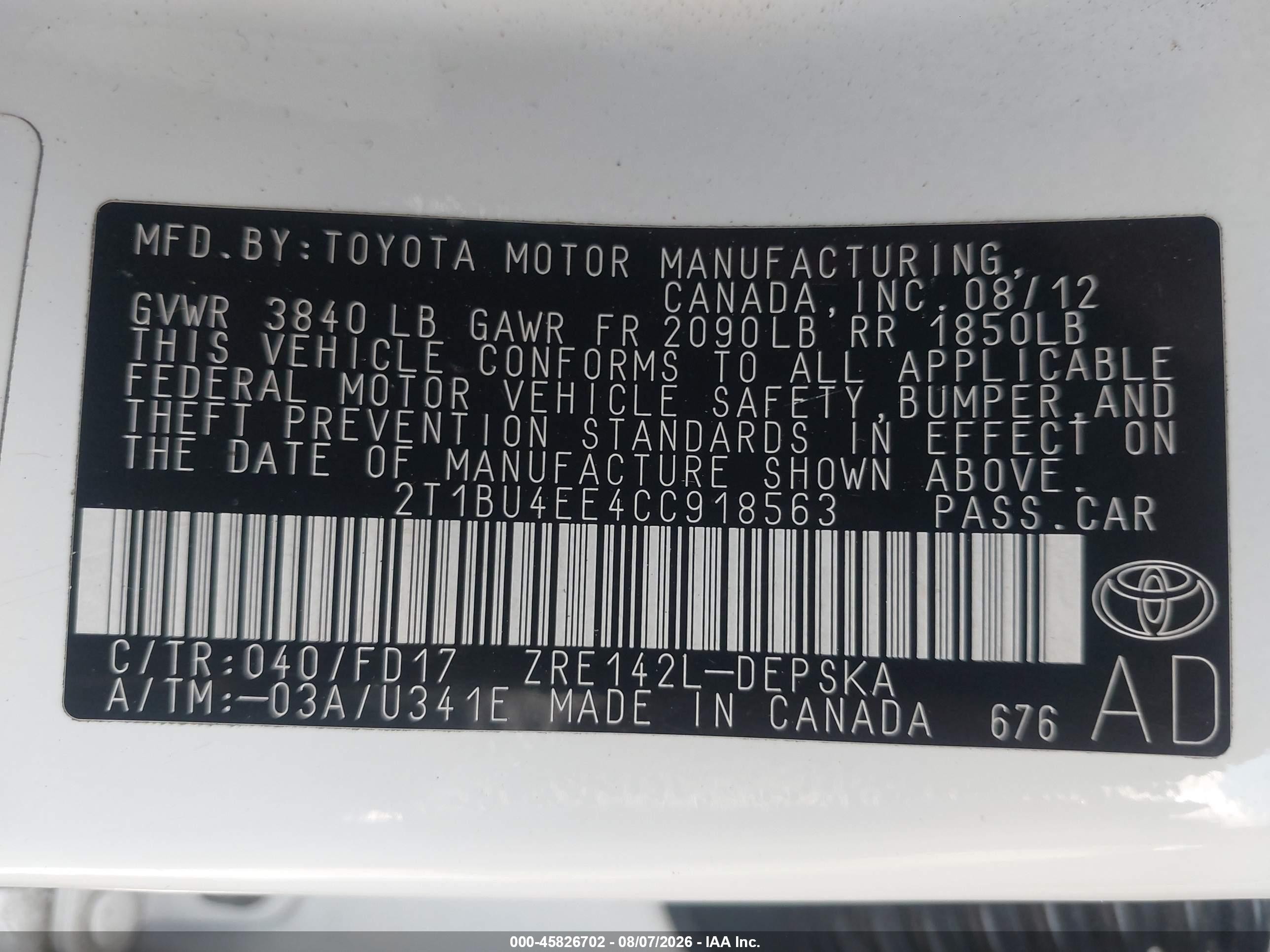 2012 Toyota Corolla S White vin: 2T1BU4EE4CC918563