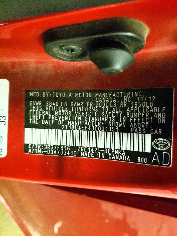 2013 Toyota Corolla Le Red vin: 2T1BU4EE4DC001351