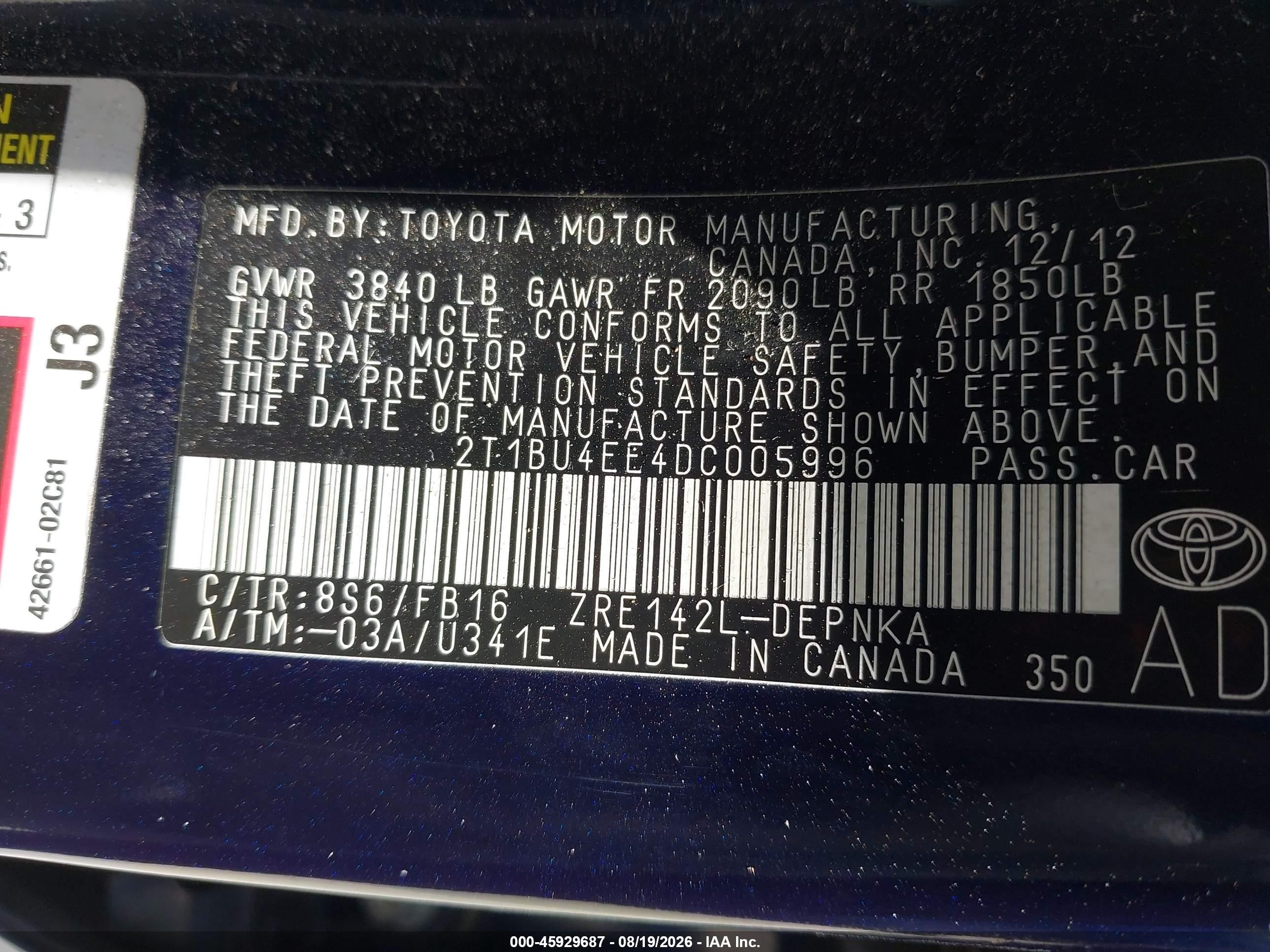 2013 Toyota Corolla Le Dark Blue vin: 2T1BU4EE4DC005996