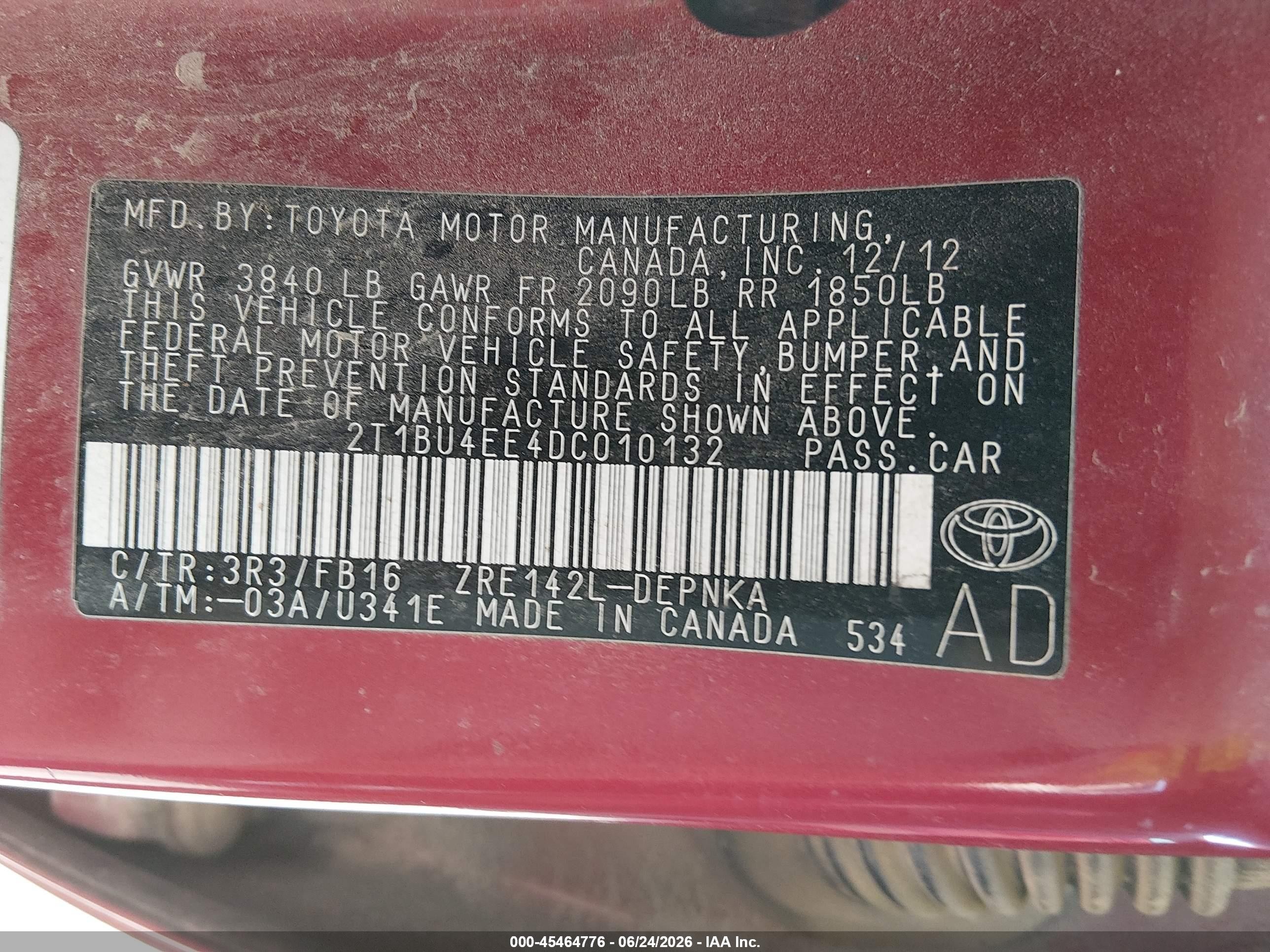 2013 Toyota Corolla Le Red vin: 2T1BU4EE4DC010132