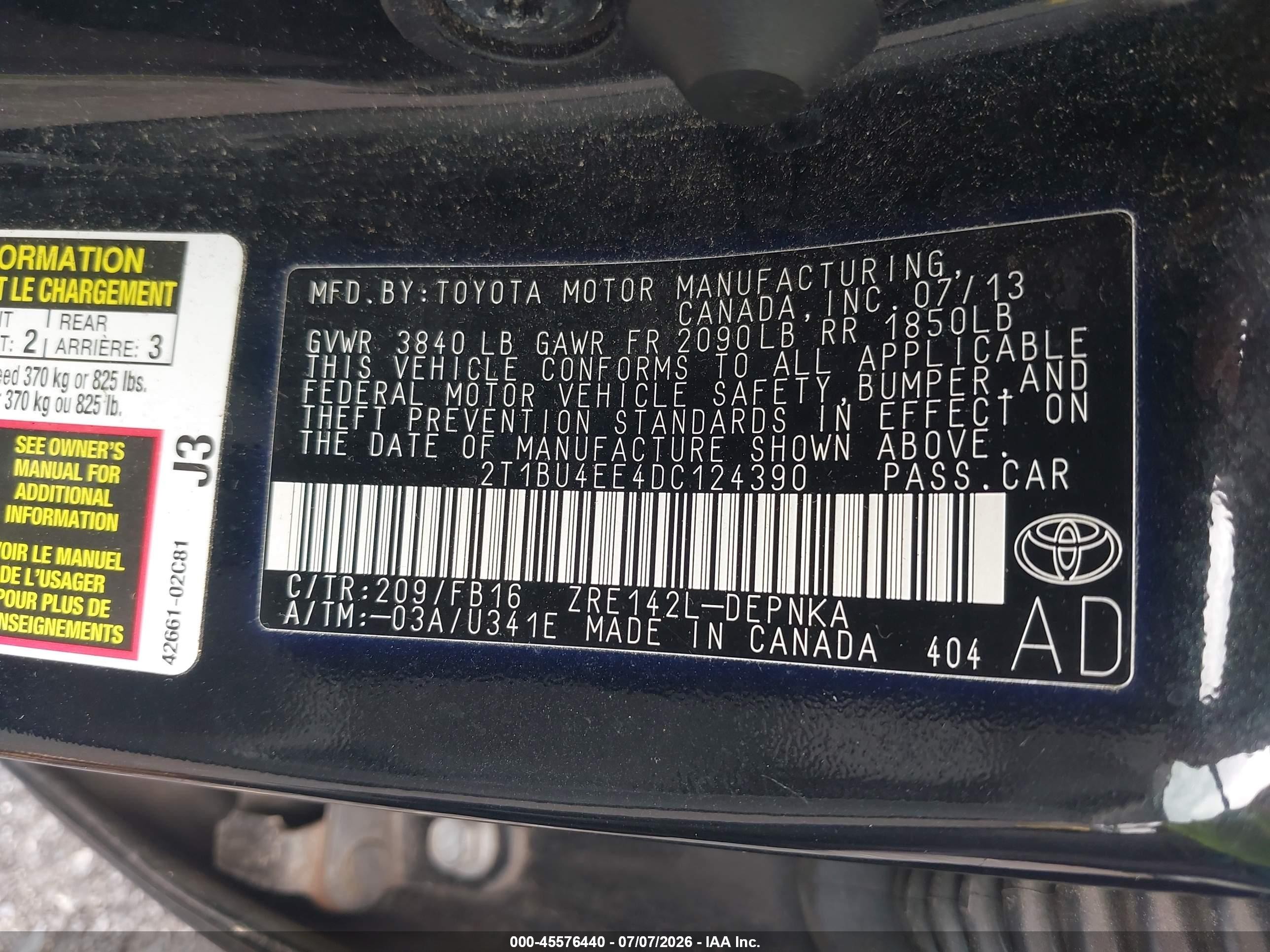 2013 Toyota Corolla Le Black vin: 2T1BU4EE4DC124390