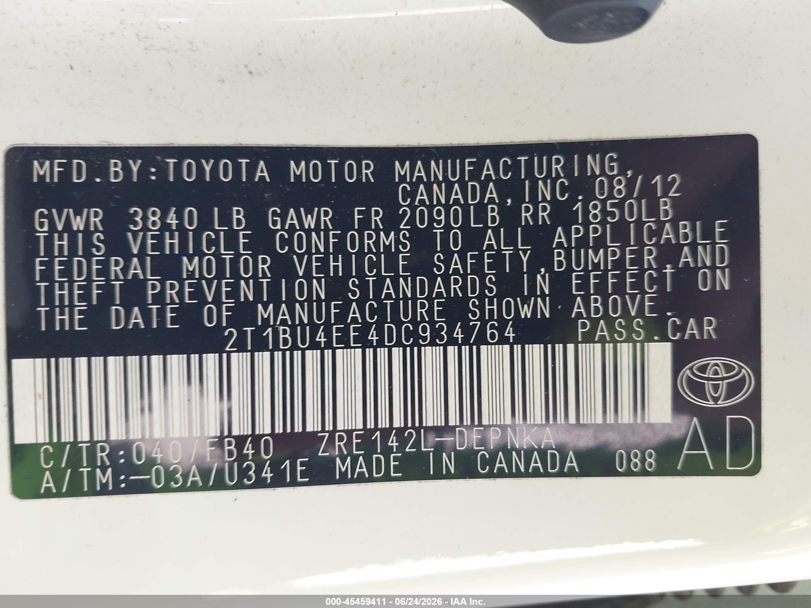 2013 Toyota Corolla Le White vin: 2T1BU4EE4DC934764