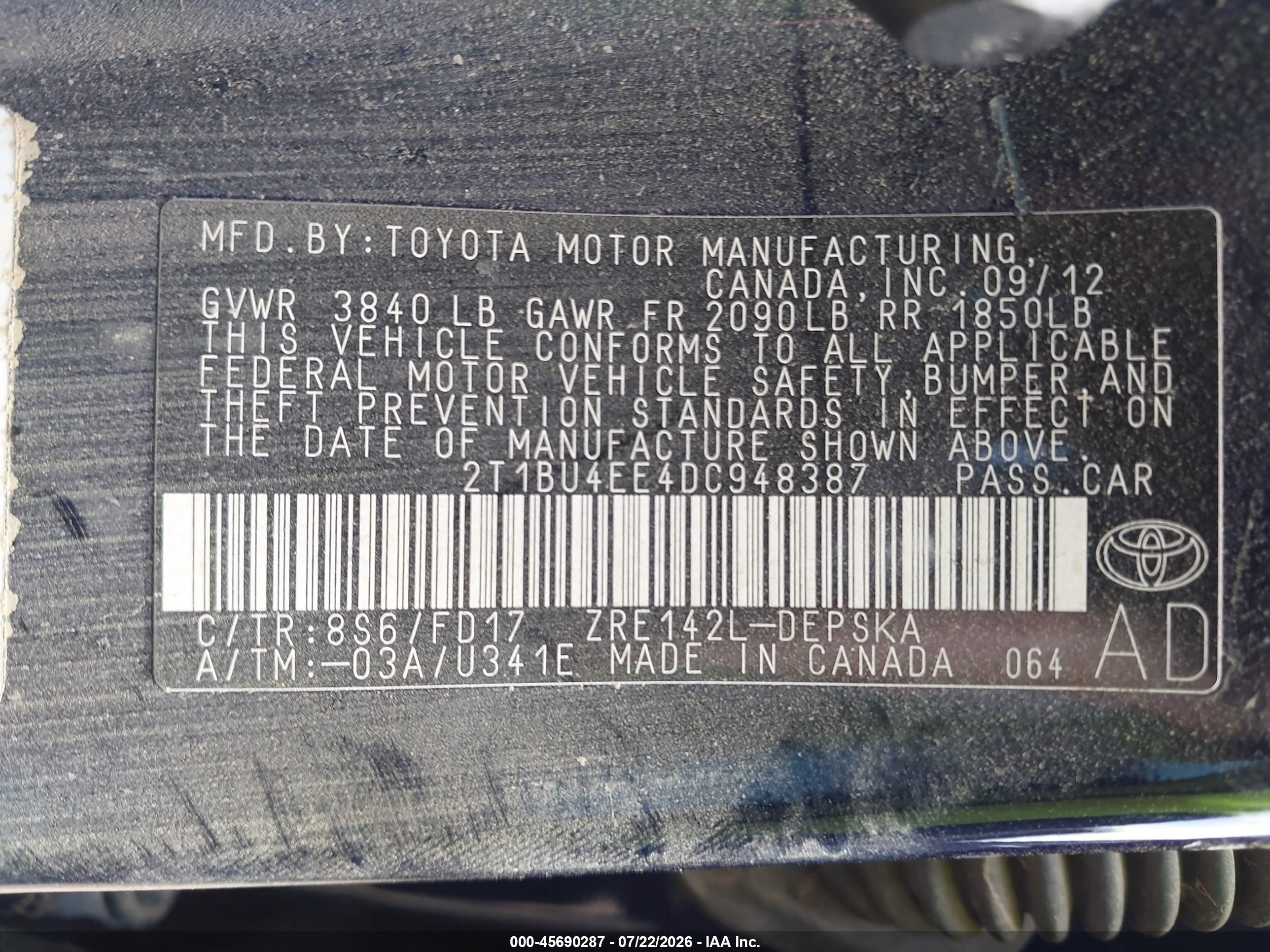 2013 Toyota Corolla S Blue vin: 2T1BU4EE4DC948387