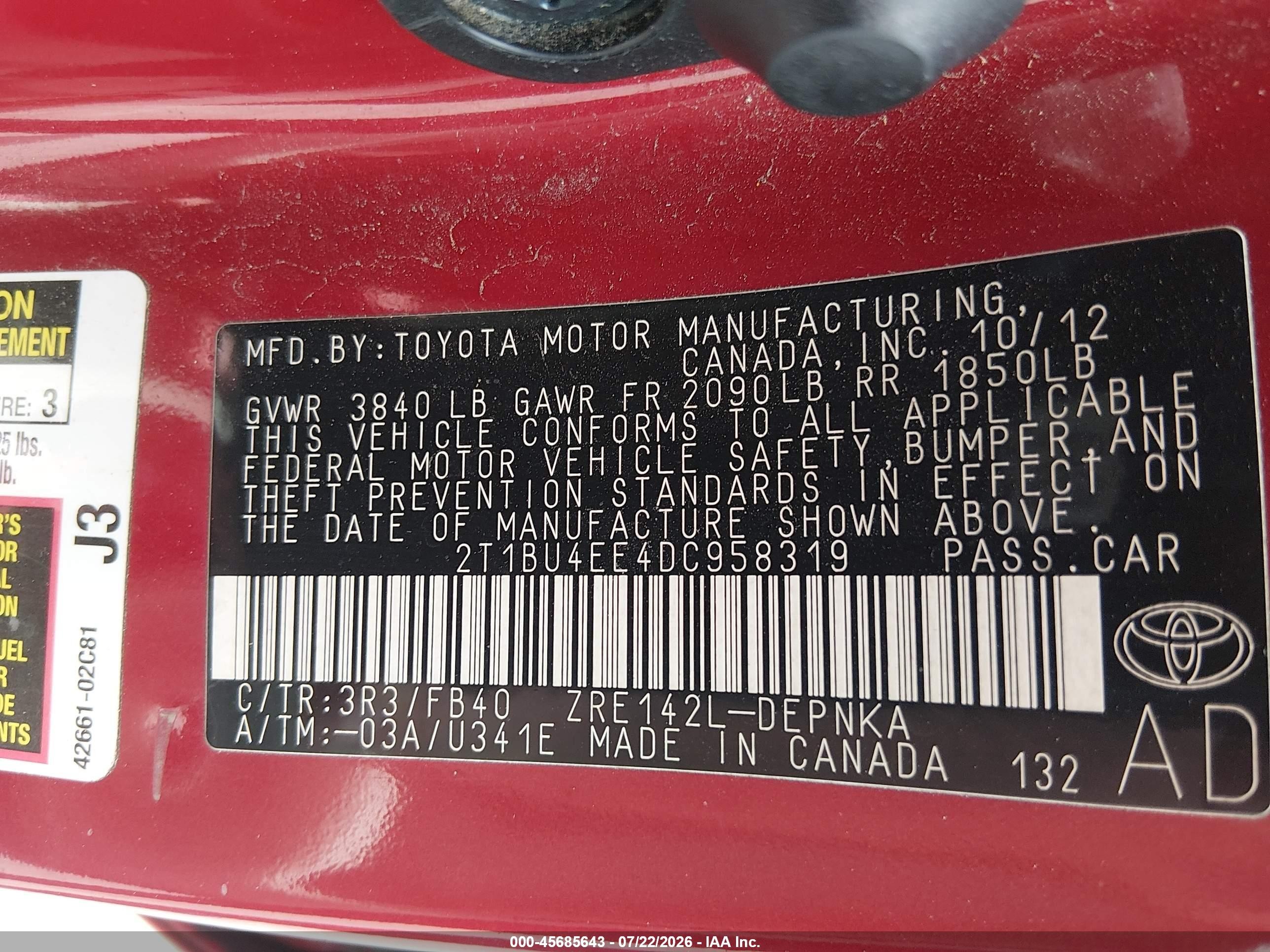 2013 Toyota Corolla Le Красный vin: 2T1BU4EE4DC958319