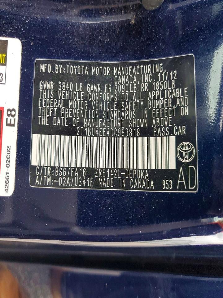 2013 Toyota Corolla L Blue vin: 2T1BU4EE4DC983818