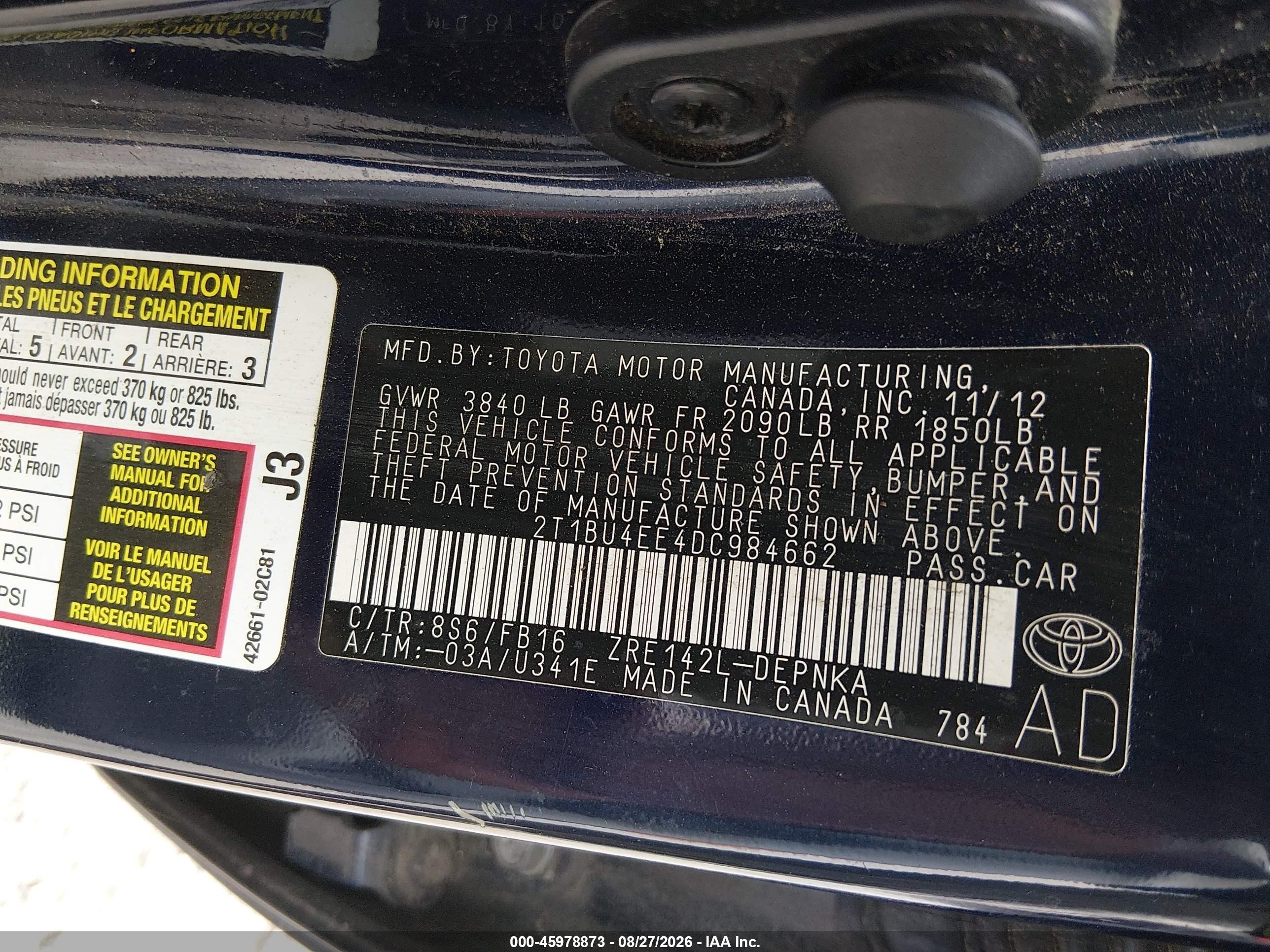 2013 Toyota Corolla Le Blue vin: 2T1BU4EE4DC984662