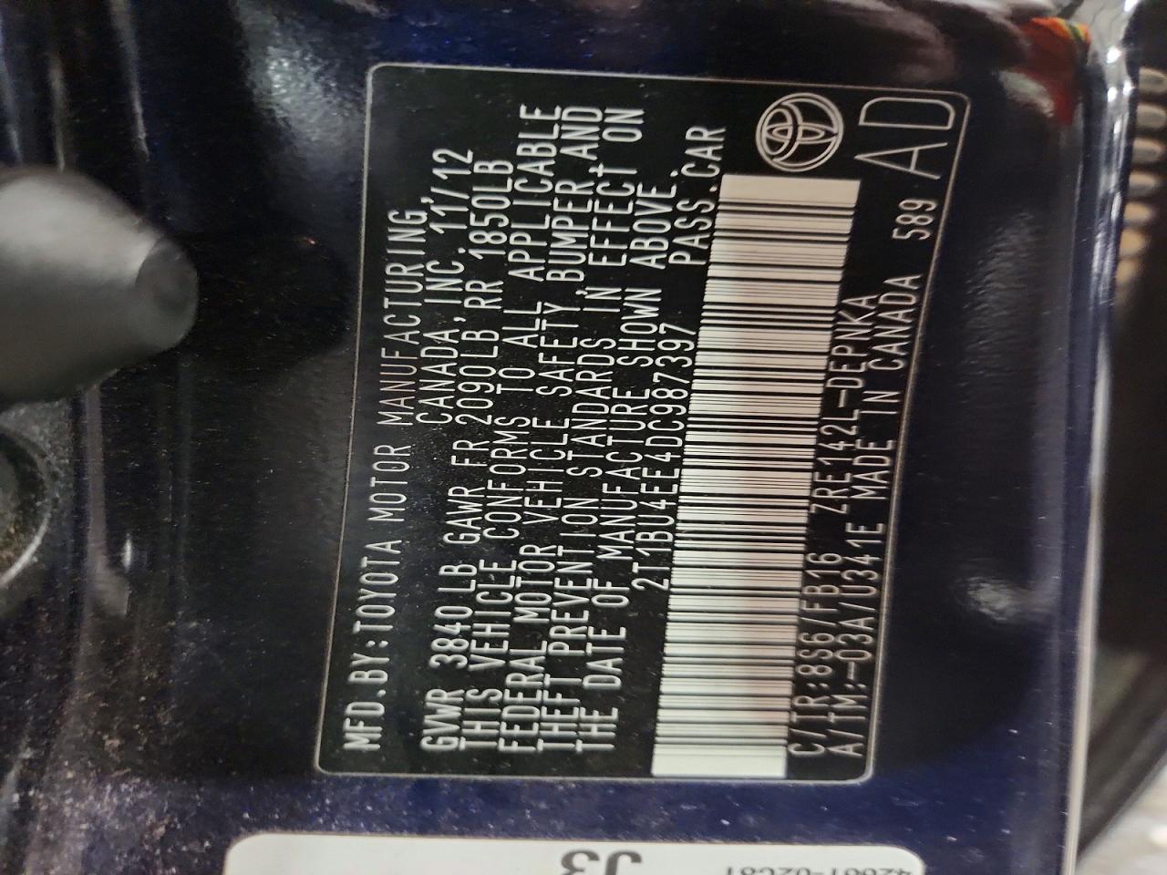 2013 Toyota Corolla Le Blue vin: 2T1BU4EE4DC987397