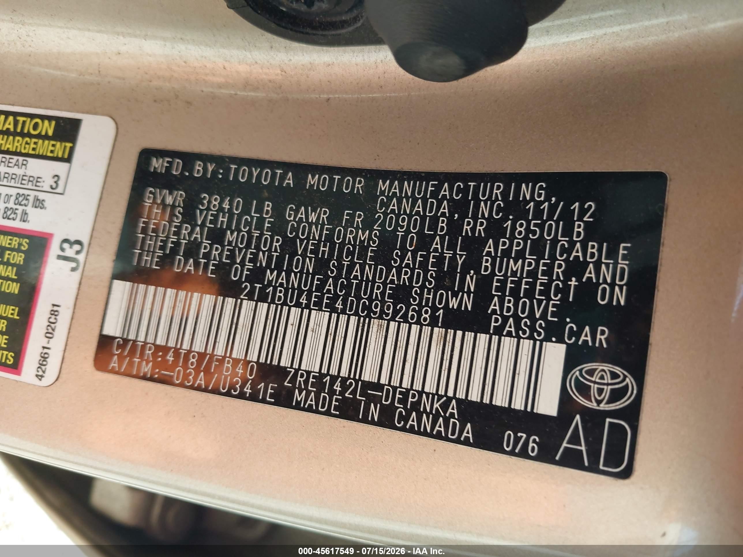 2013 Toyota Corolla Le Tan vin: 2T1BU4EE4DC992681