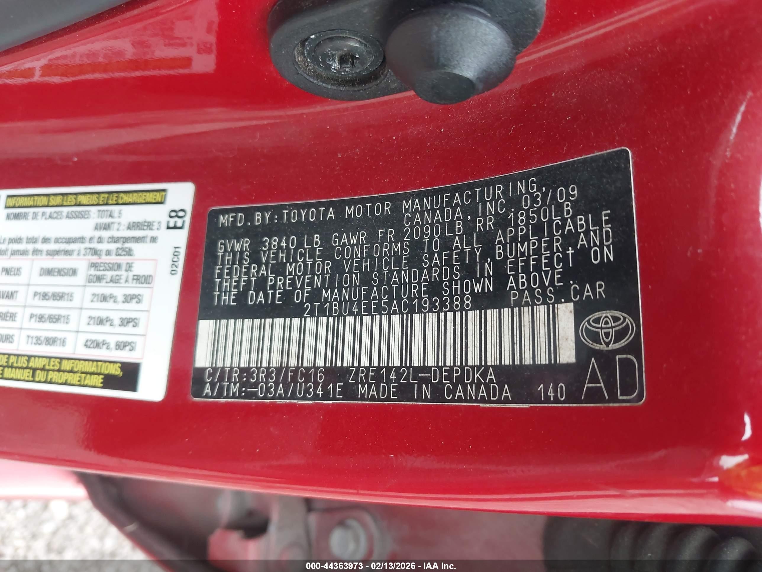 2010 Toyota Corolla Le Red vin: 2T1BU4EE5AC193388