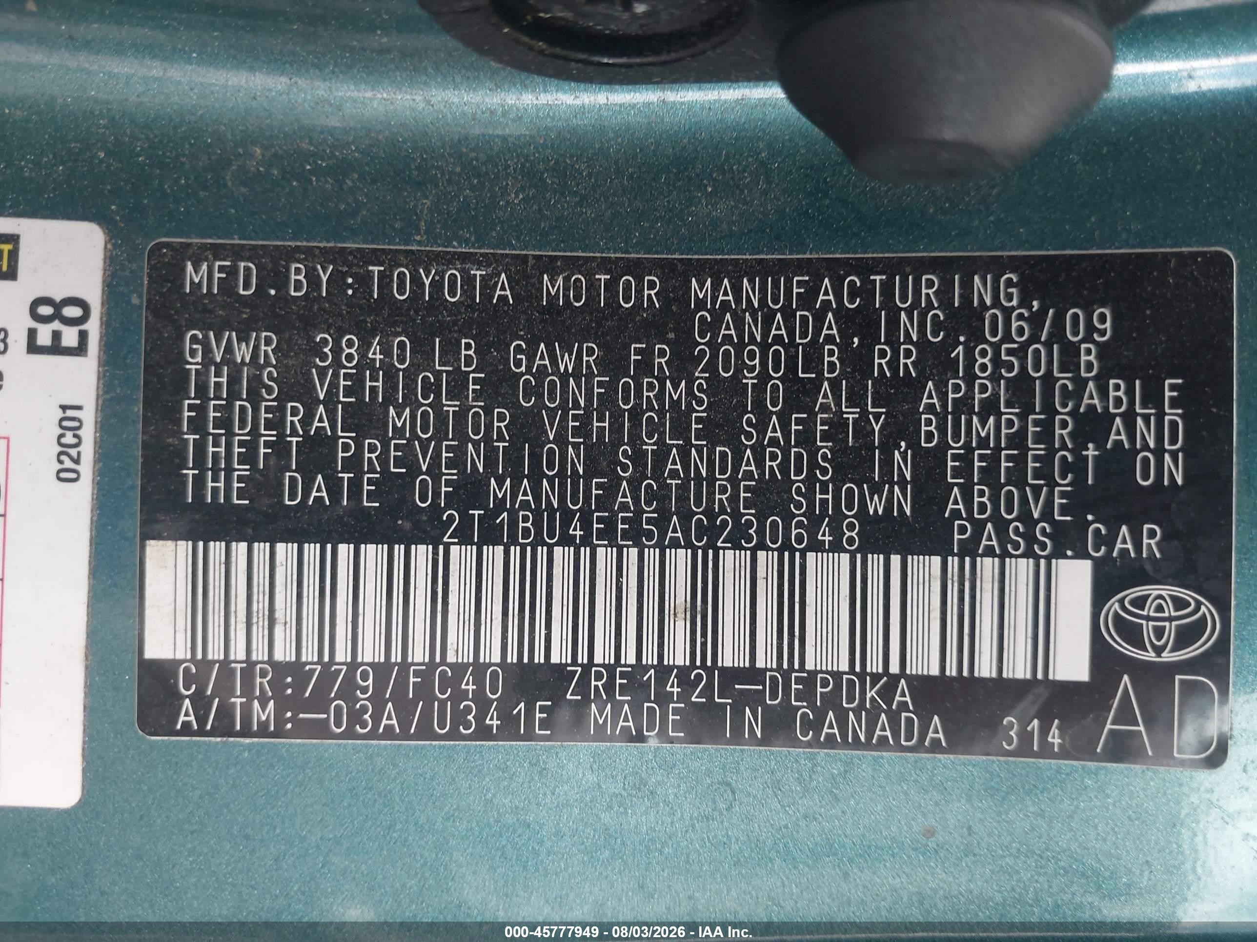 2010 Toyota Corolla Le Turquoise vin: 2T1BU4EE5AC230648