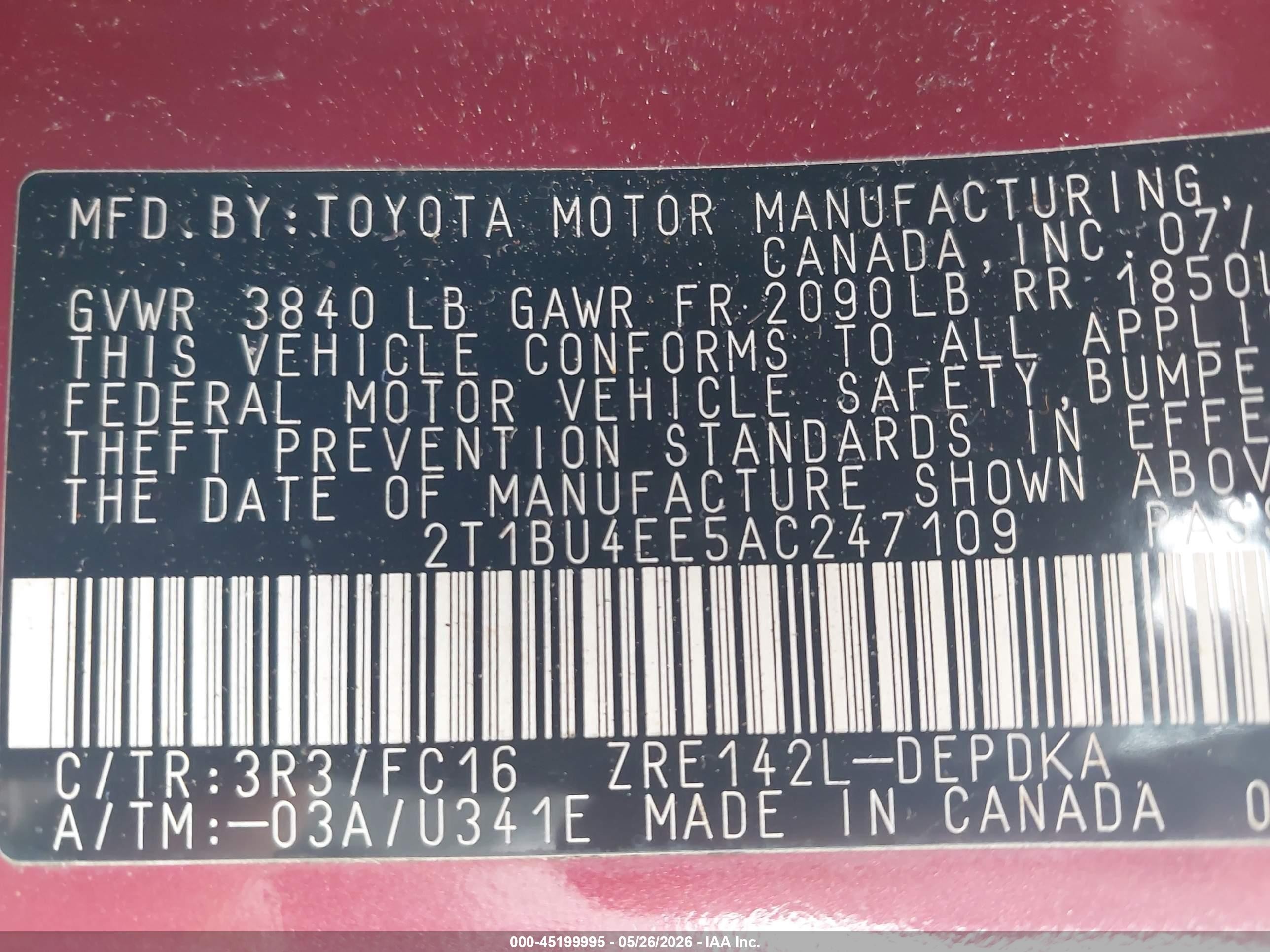2010 Toyota Corolla Le Red vin: 2T1BU4EE5AC247109