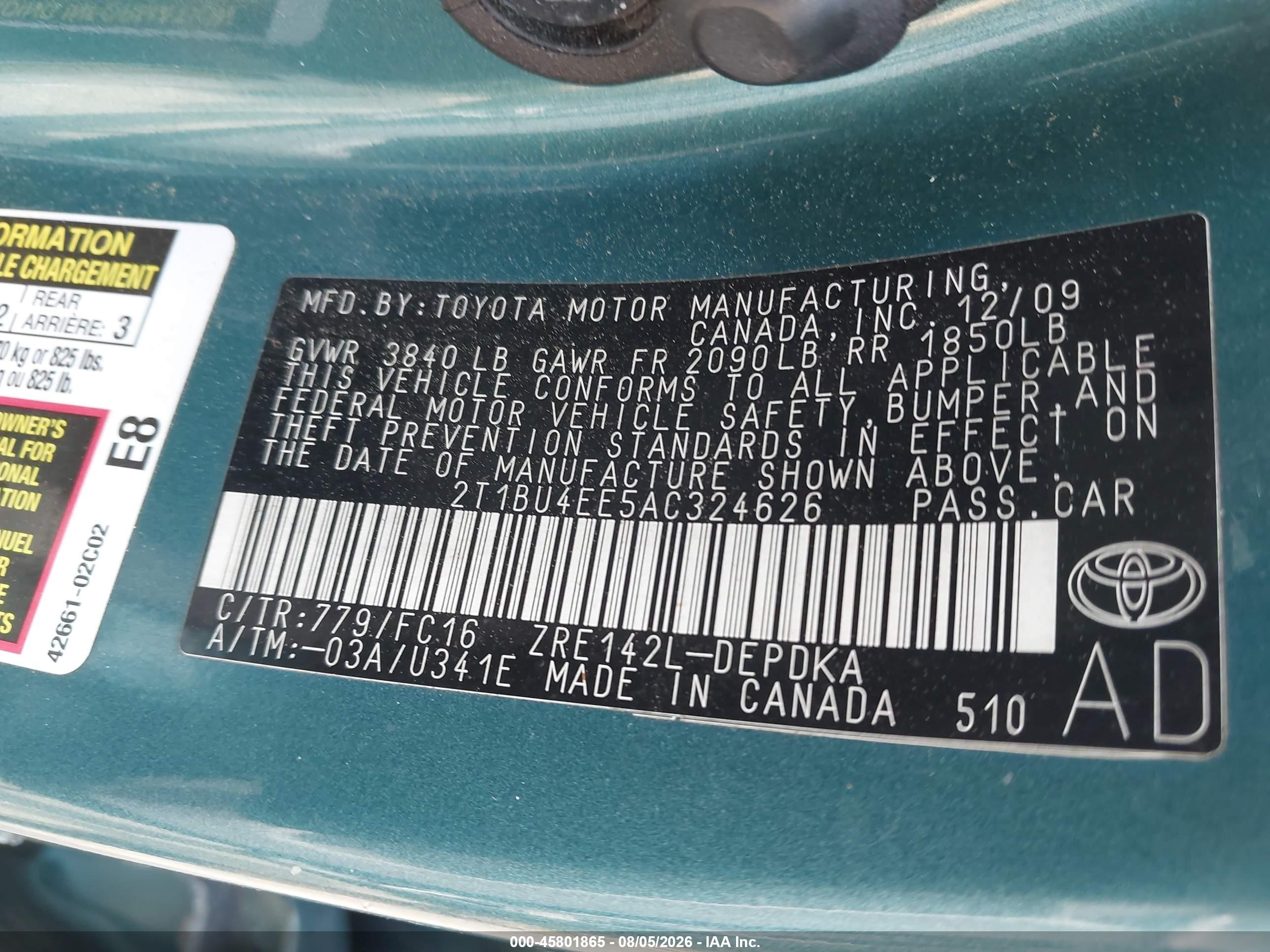 2010 Toyota Corolla Le Green vin: 2T1BU4EE5AC324626