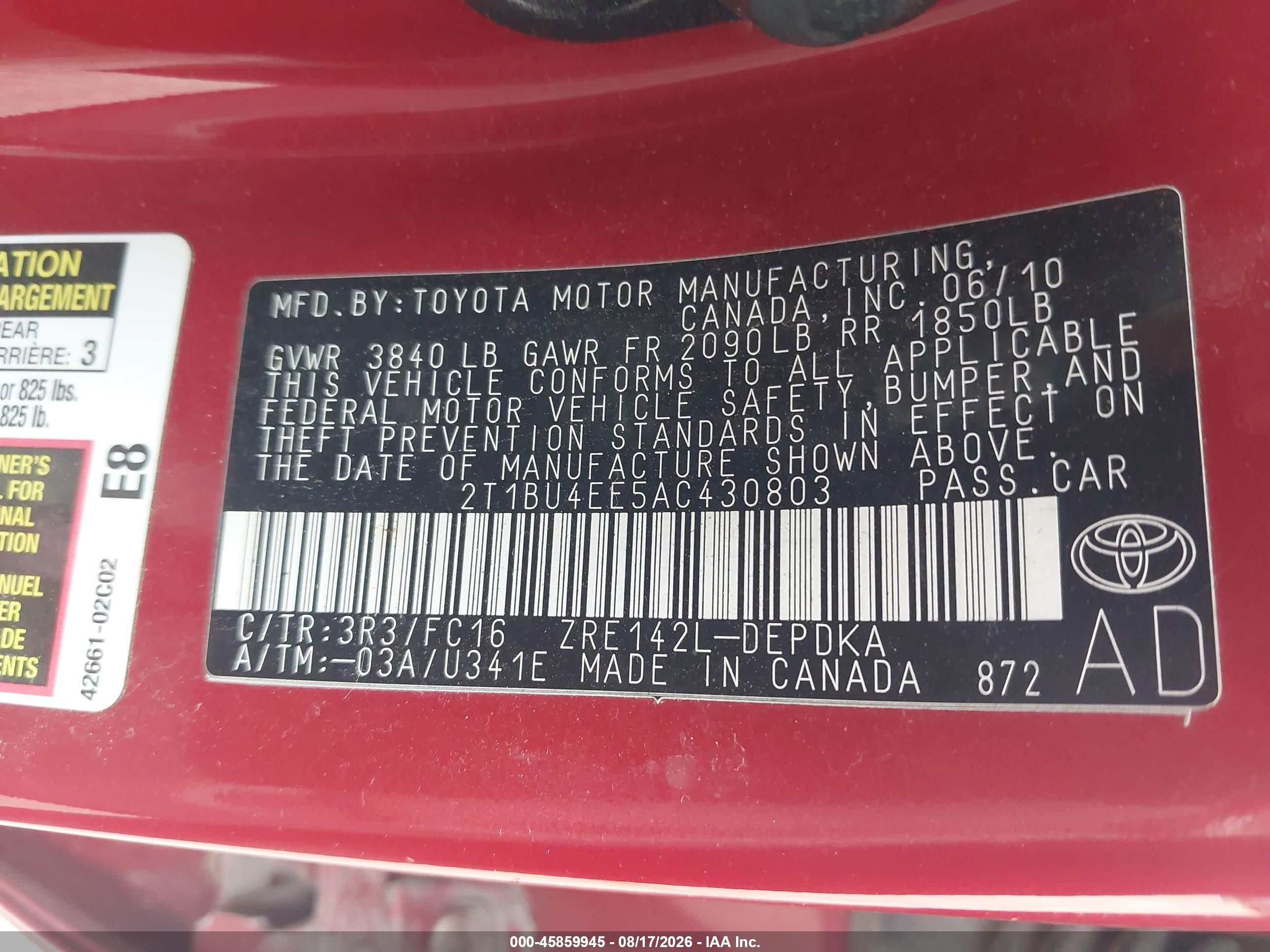 2010 Toyota Corolla Le Red vin: 2T1BU4EE5AC430803