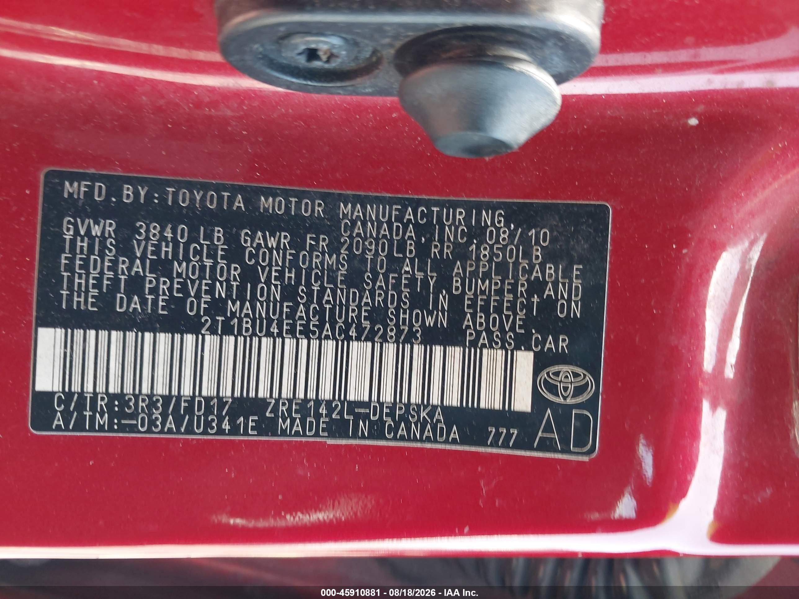 2010 Toyota Corolla S Red vin: 2T1BU4EE5AC472873