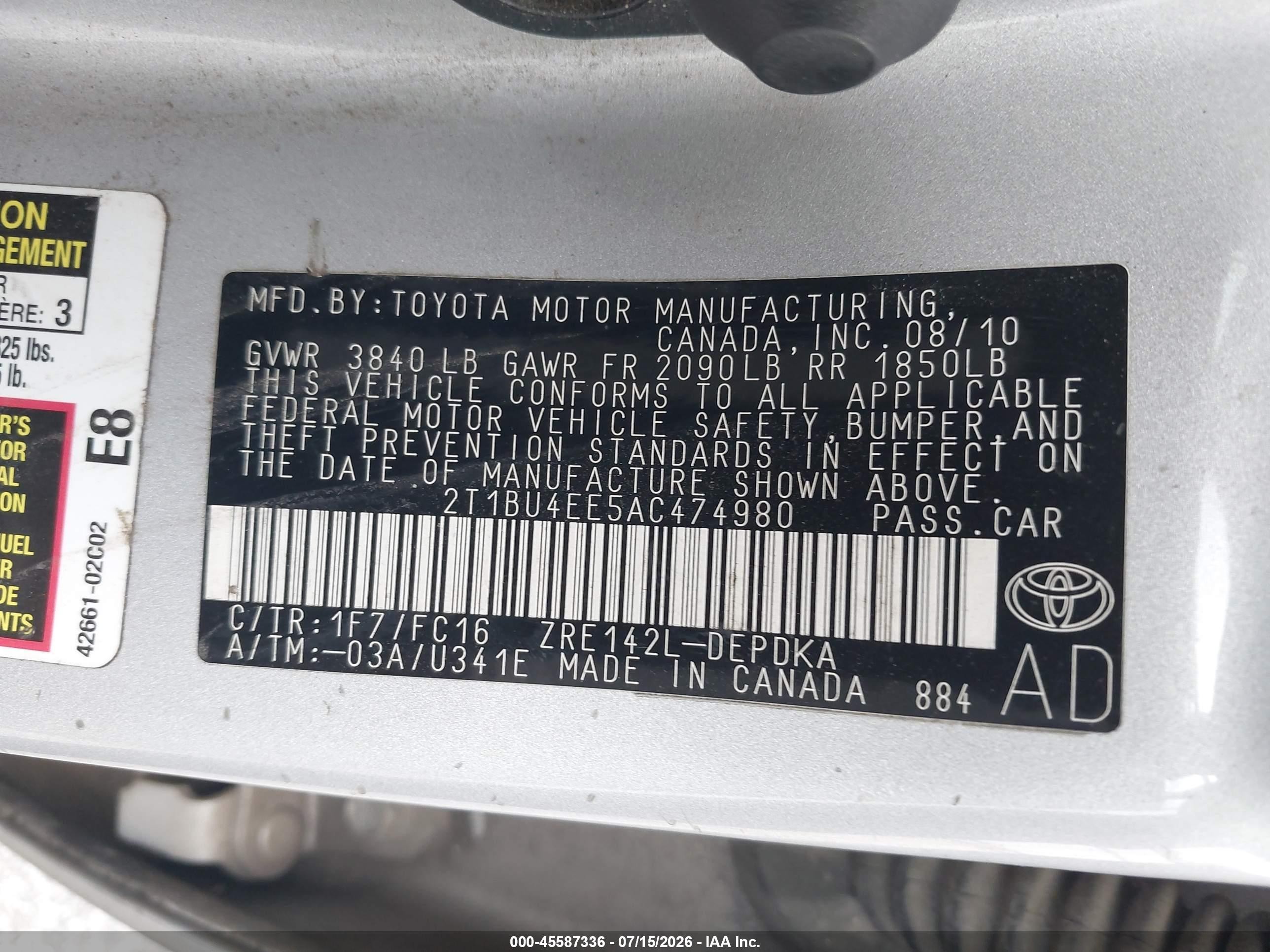 2010 Toyota Corolla Le Silver vin: 2T1BU4EE5AC474980