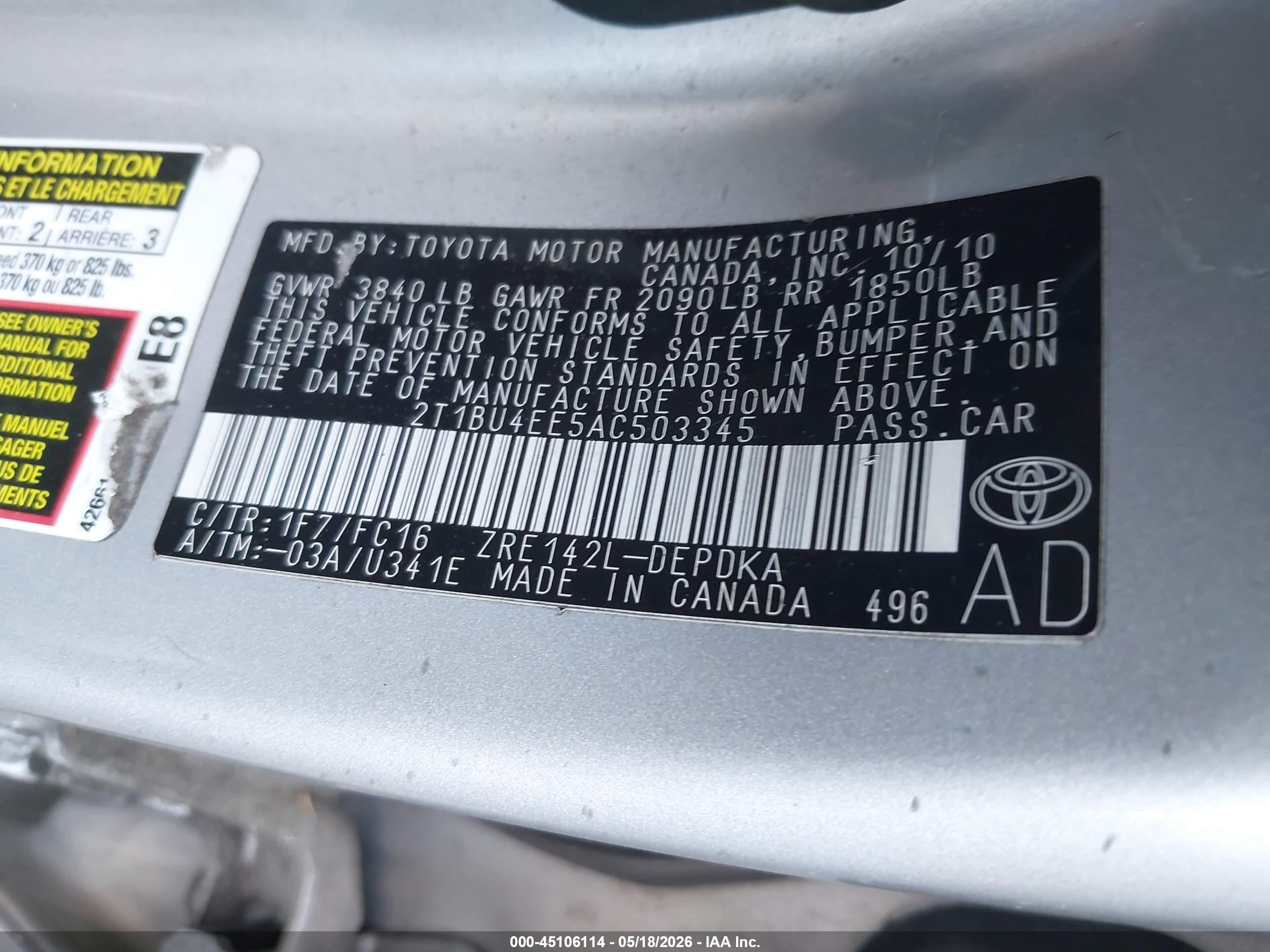 2010 Toyota Corolla Le Silver vin: 2T1BU4EE5AC503345