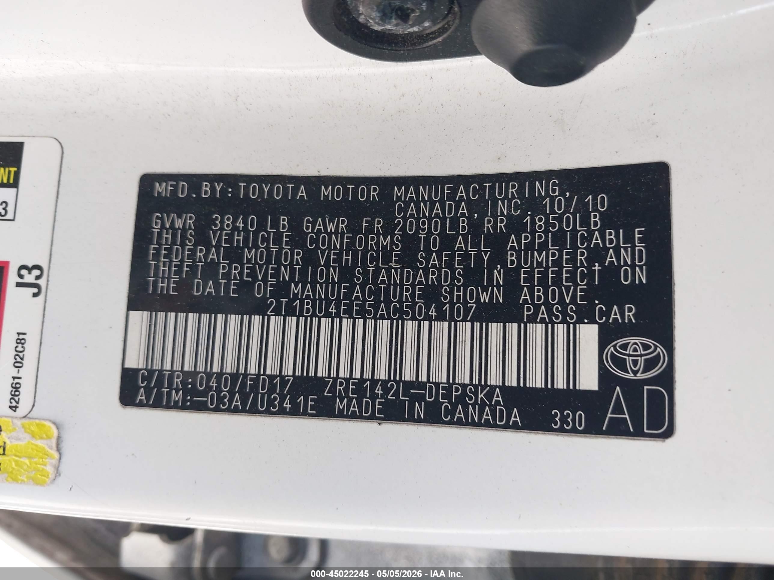 2010 Toyota Corolla S White vin: 2T1BU4EE5AC504107