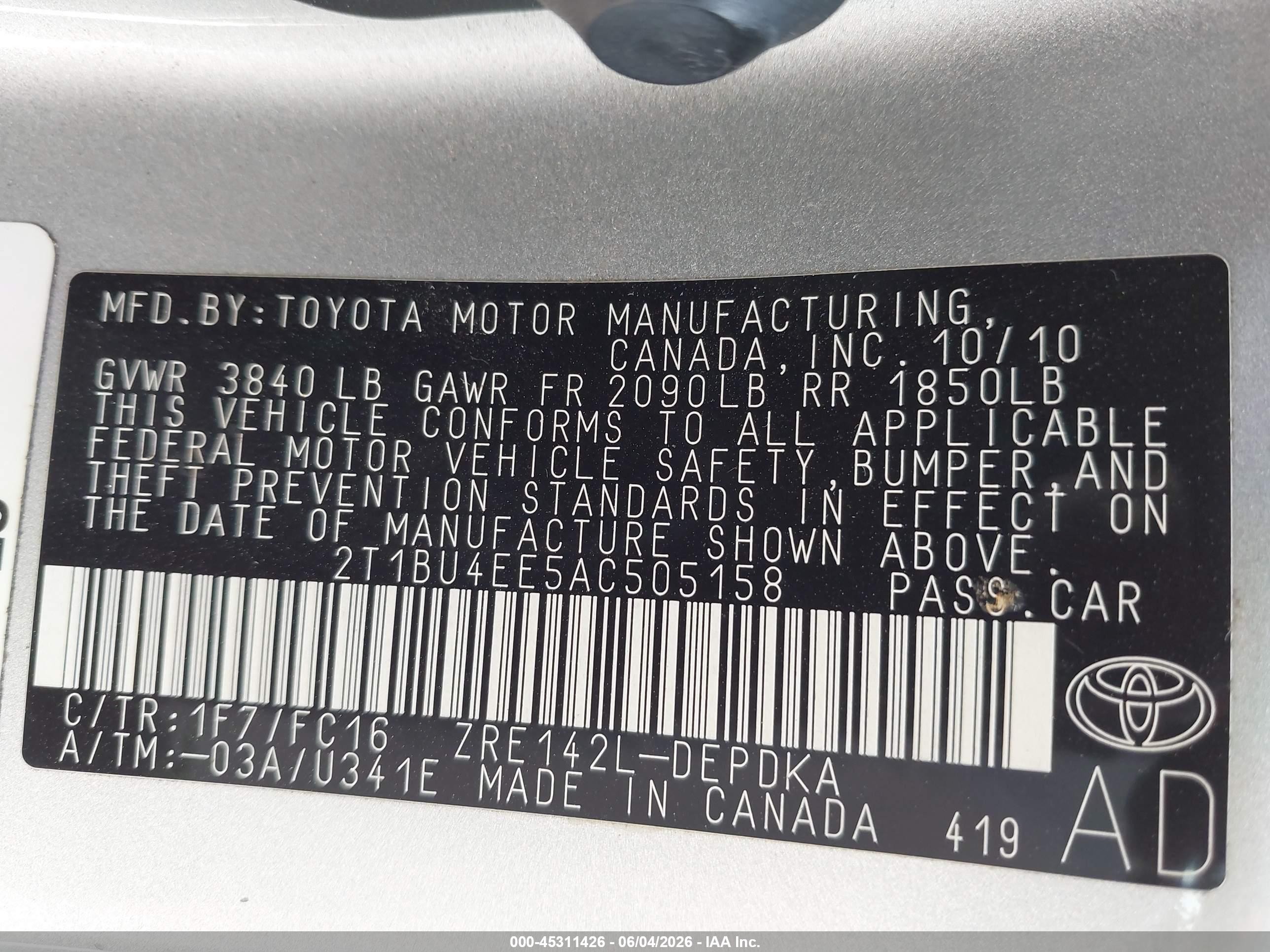 2010 Toyota Corolla Le Silver vin: 2T1BU4EE5AC505158