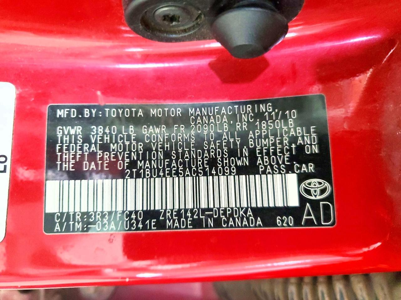 2010 Toyota Corolla Le Red vin: 2T1BU4EE5AC514099