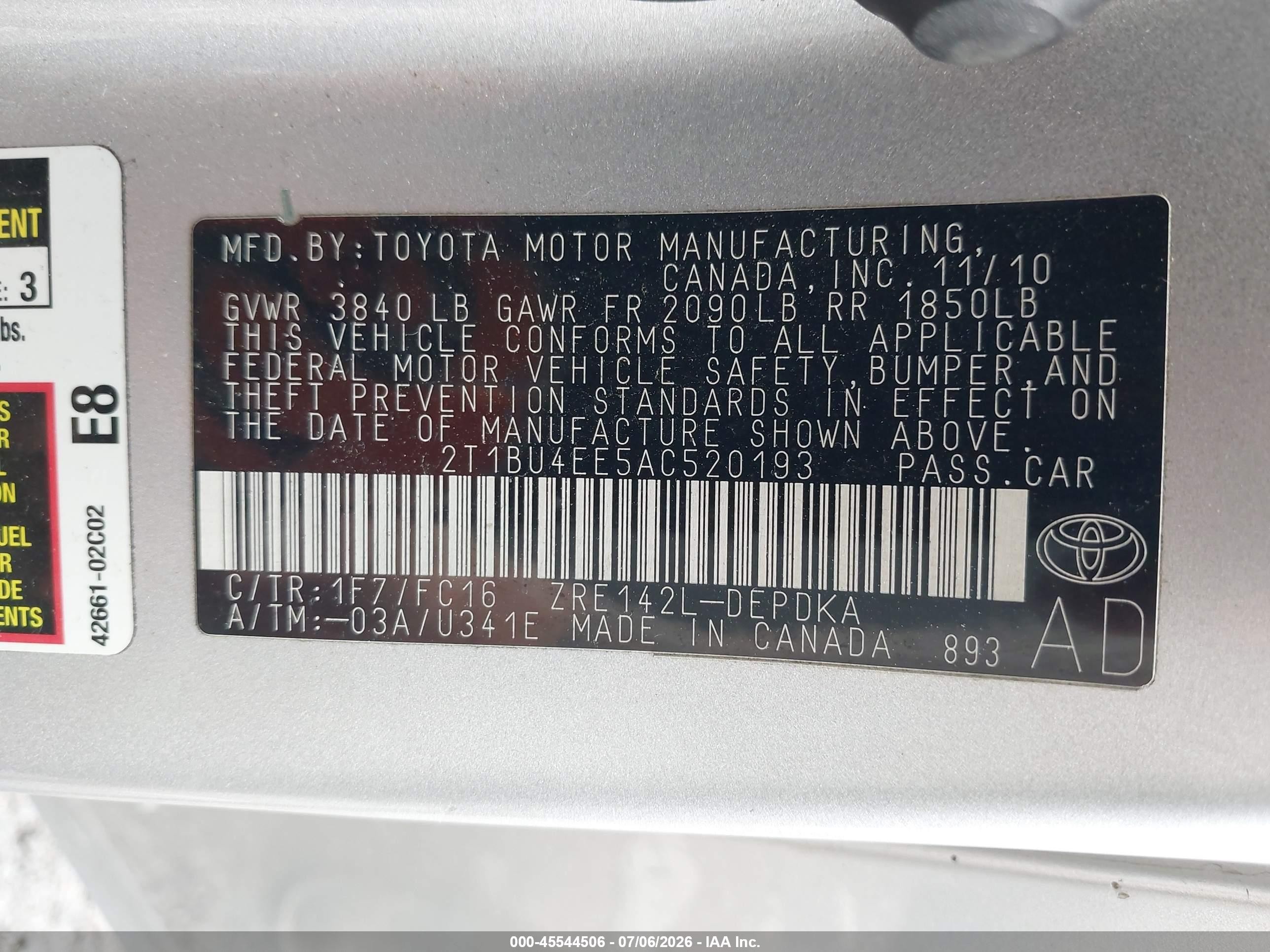 2010 Toyota Corolla Le Silver vin: 2T1BU4EE5AC520193