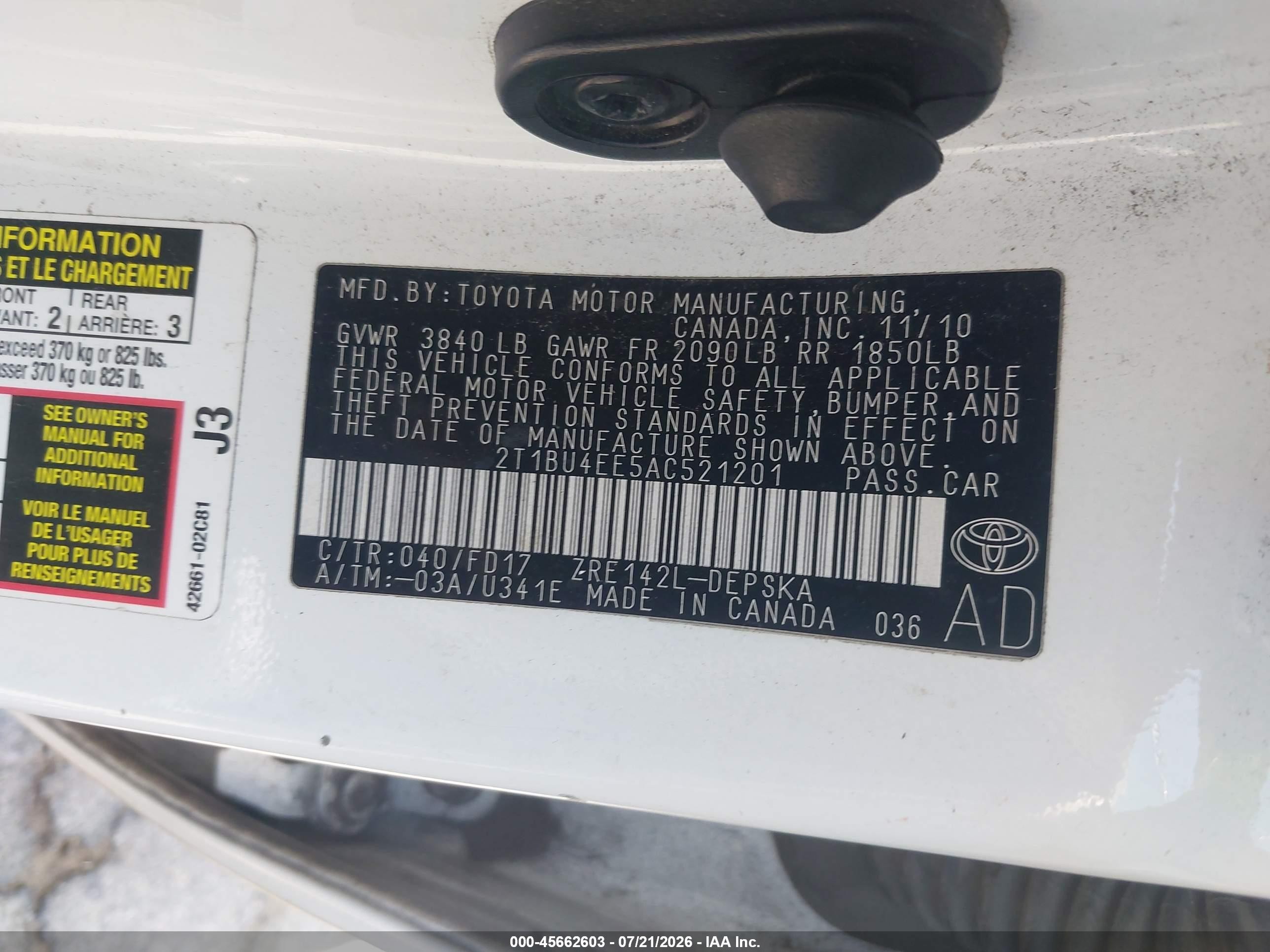 2010 Toyota Corolla S White vin: 2T1BU4EE5AC521201