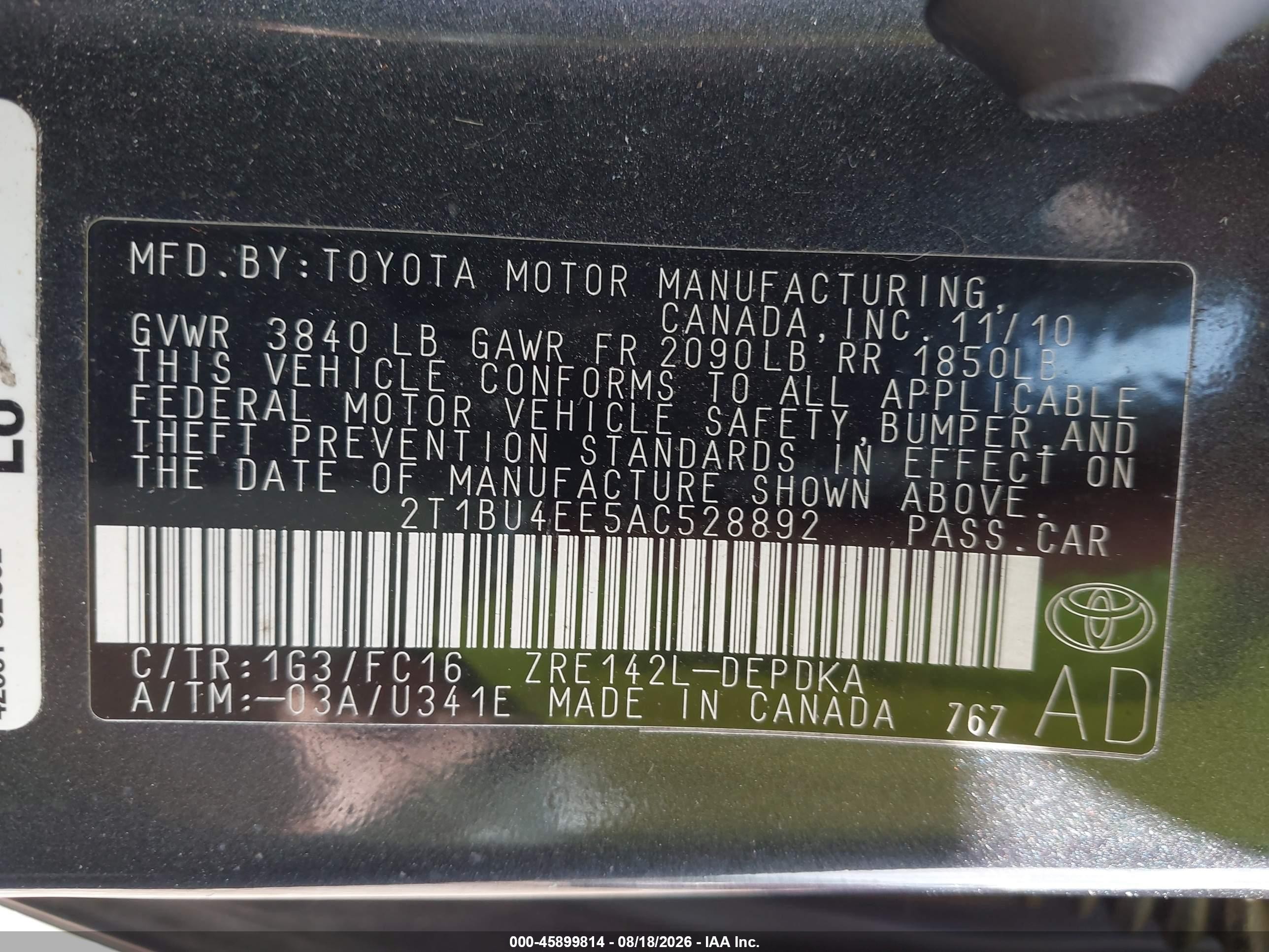 2010 Toyota Corolla Le Gray vin: 2T1BU4EE5AC528892