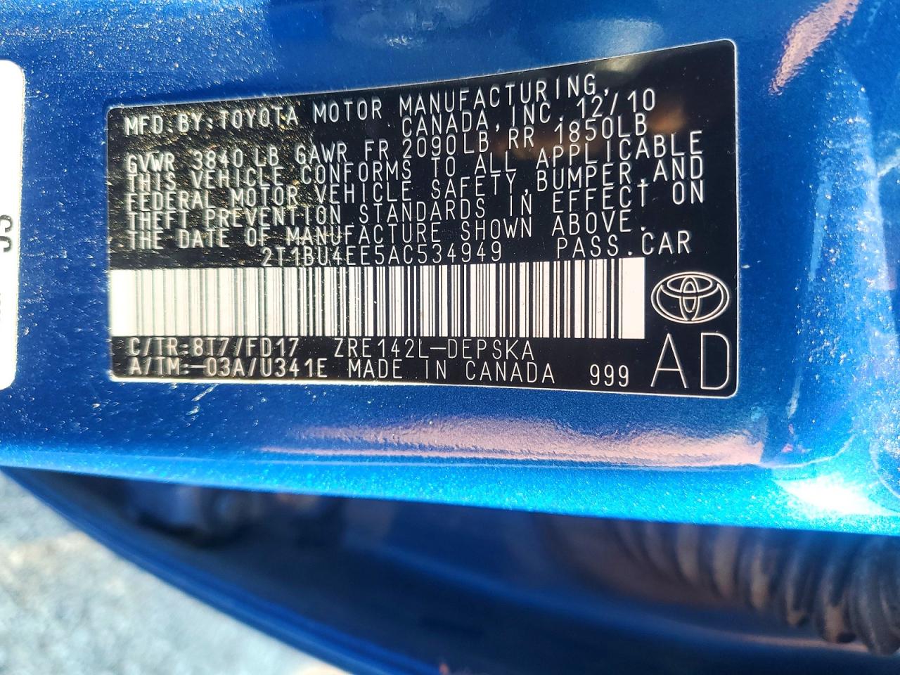2010 Toyota Corolla S Blue vin: 2T1BU4EE5AC534949