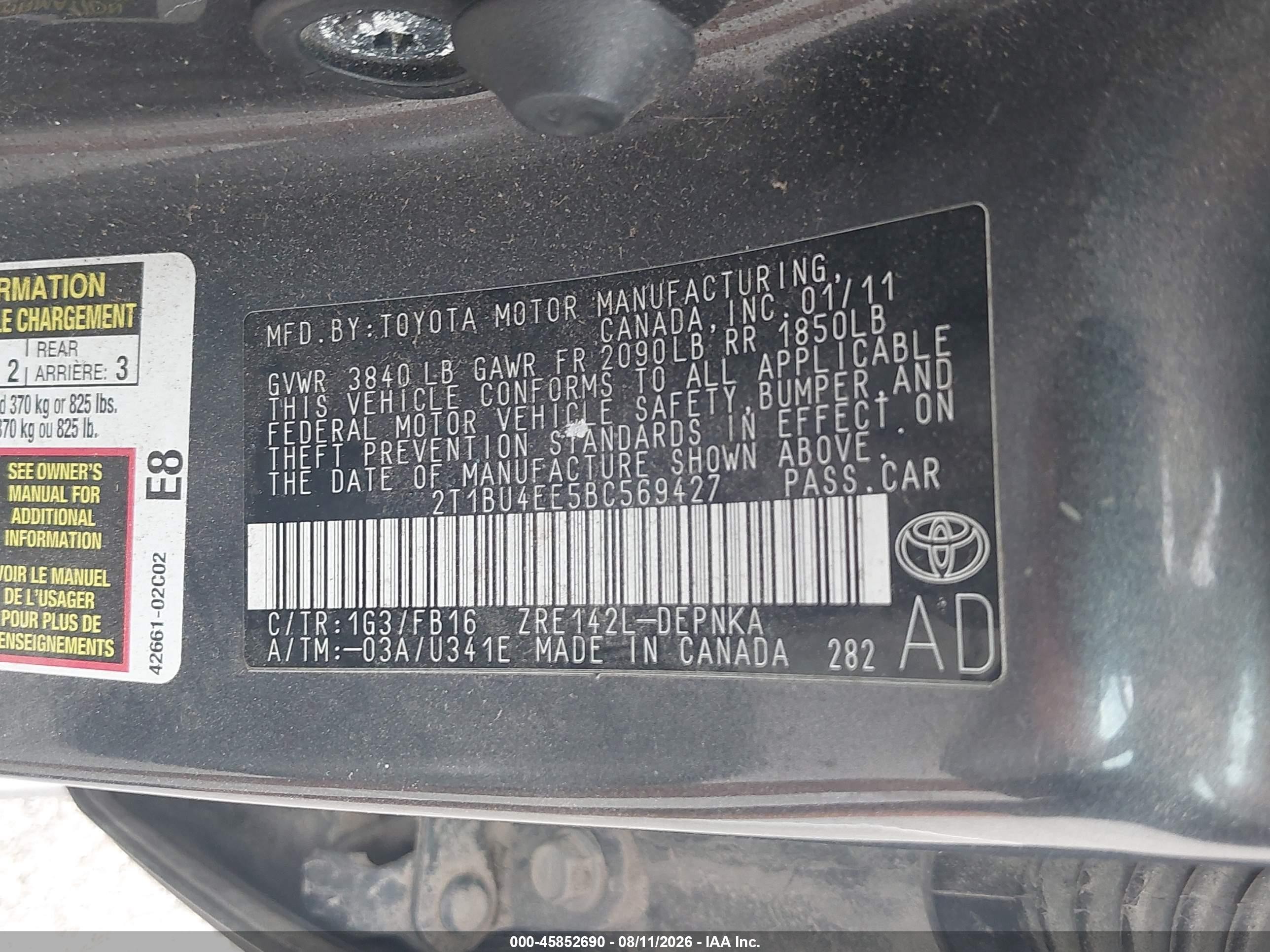2011 Toyota Corolla Le Gray vin: 2T1BU4EE5BC569427