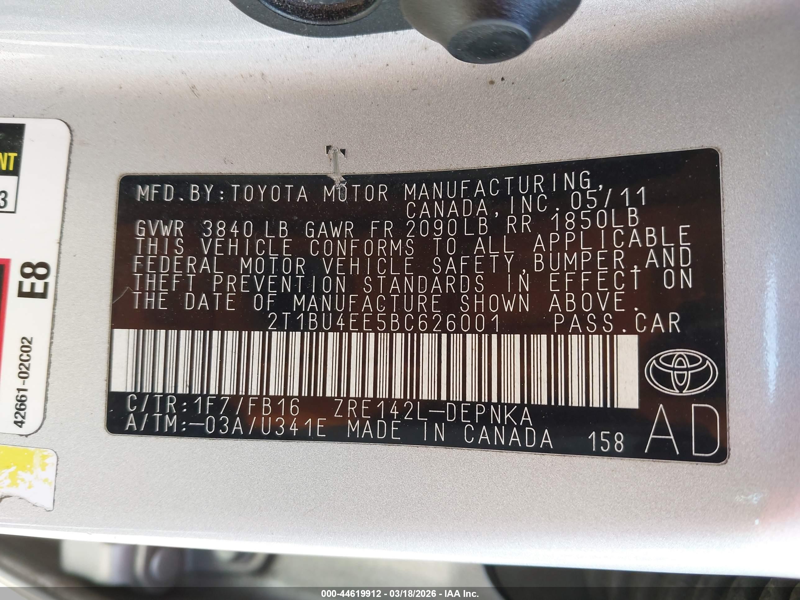2011 Toyota Corolla Le Silver vin: 2T1BU4EE5BC626001