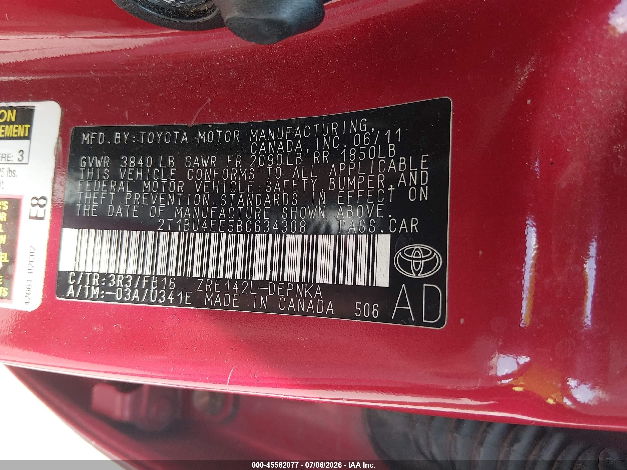 2011 Toyota Corolla Le Red vin: 2T1BU4EE5BC634308