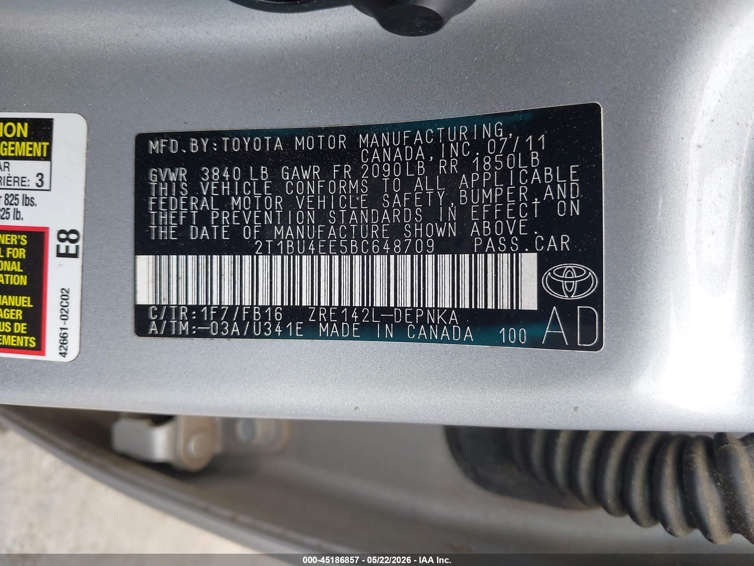 2011 Toyota Corolla Le Silver vin: 2T1BU4EE5BC648709