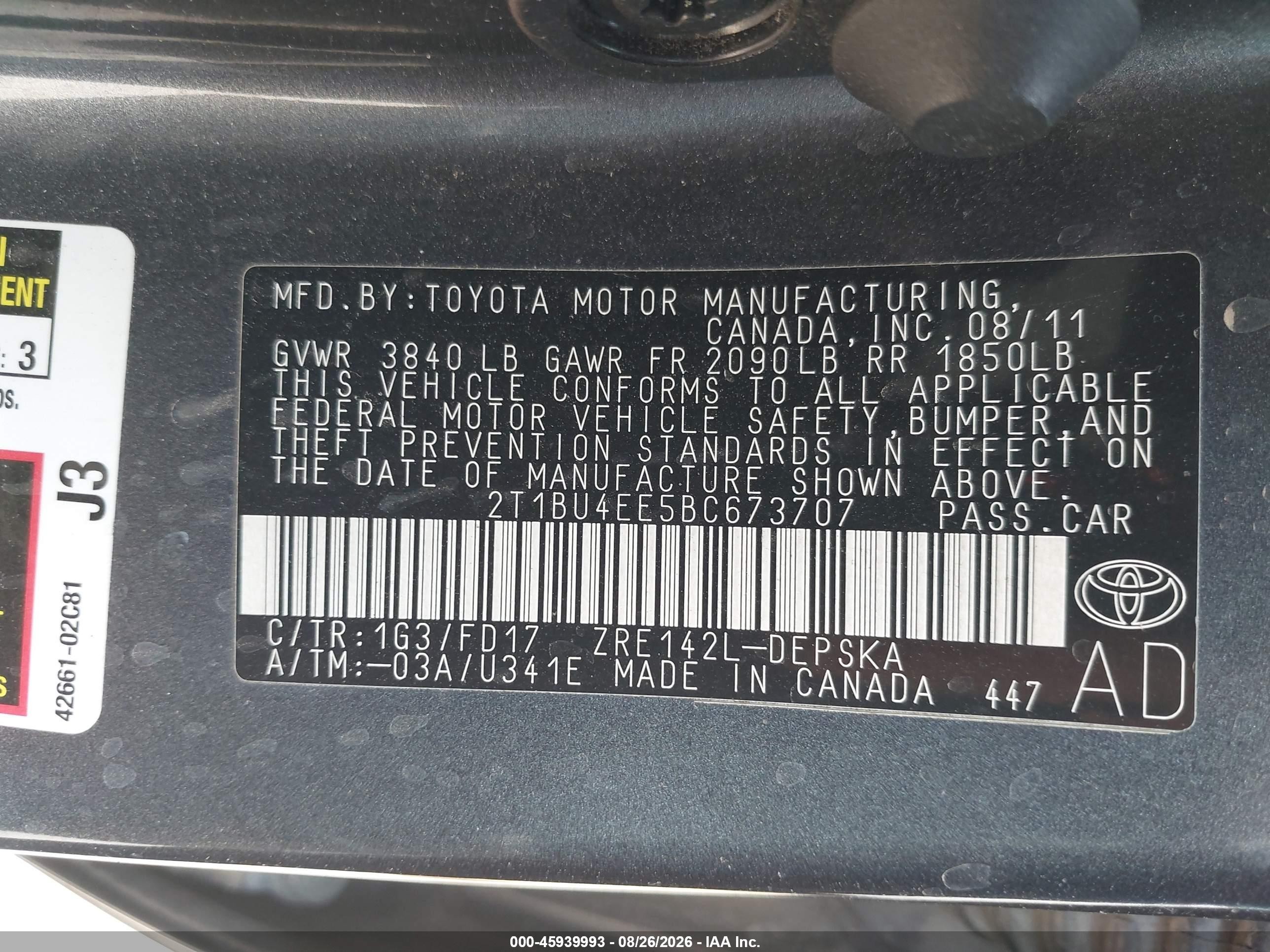2011 Toyota Corolla S Серый vin: 2T1BU4EE5BC673707