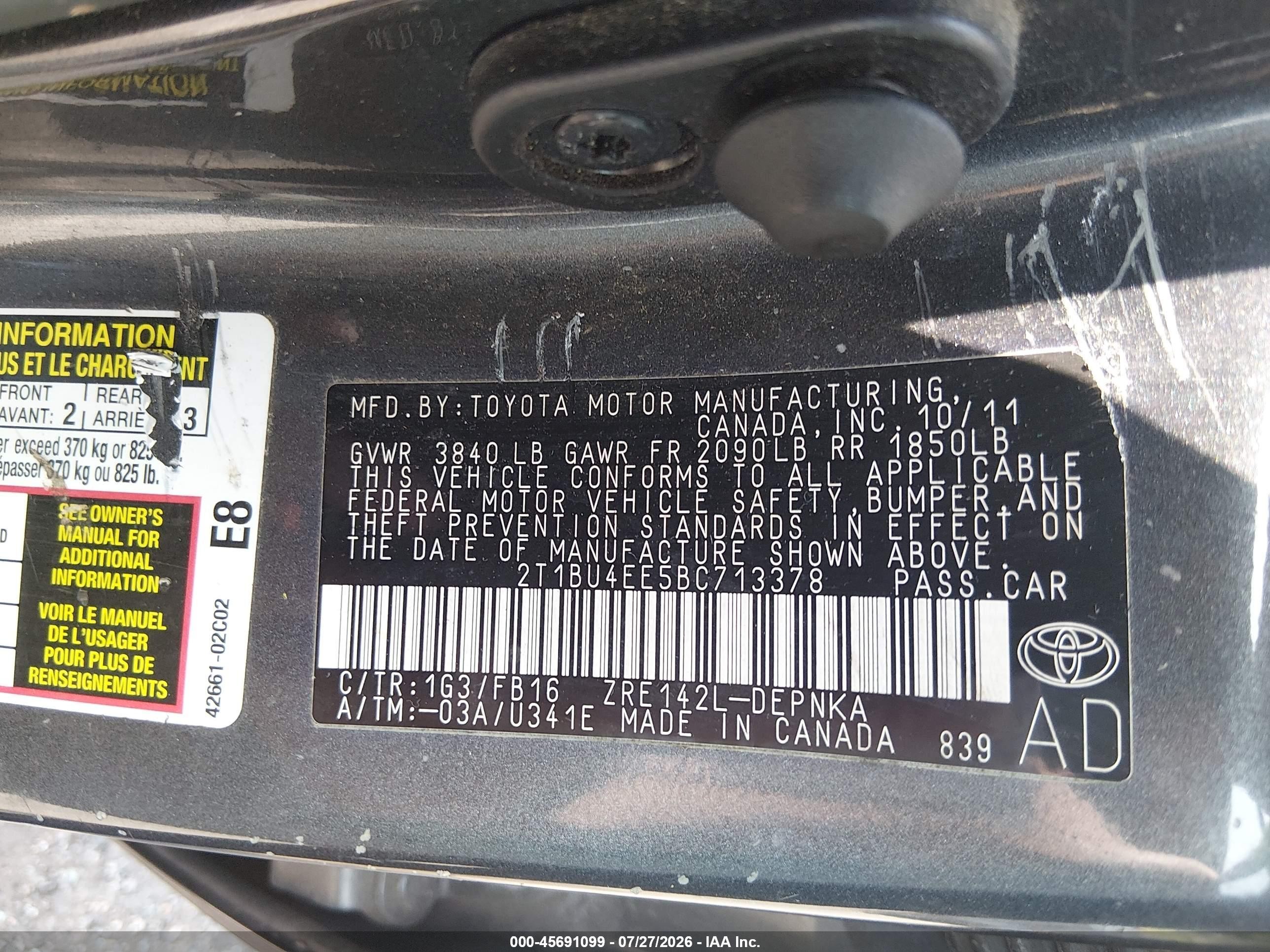 2011 Toyota Corolla Le Gray vin: 2T1BU4EE5BC713378