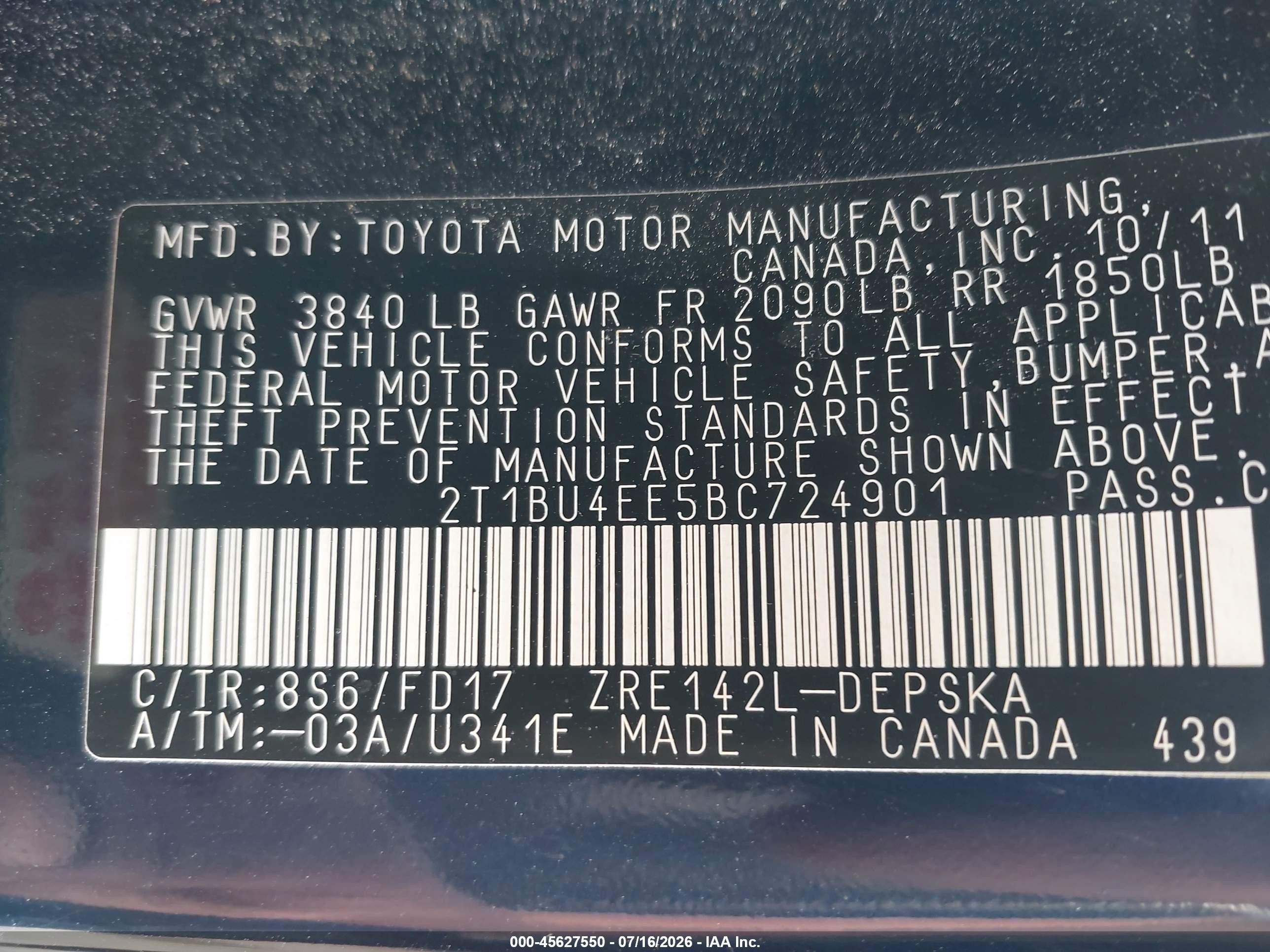 2011 Toyota Corolla S Blue vin: 2T1BU4EE5BC724901