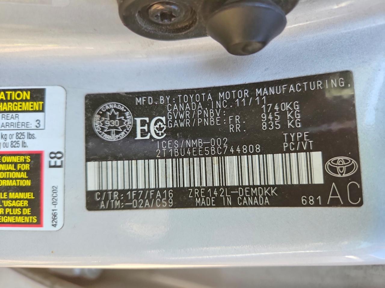 2011 Toyota Corolla Base Silver vin: 2T1BU4EE5BC744808