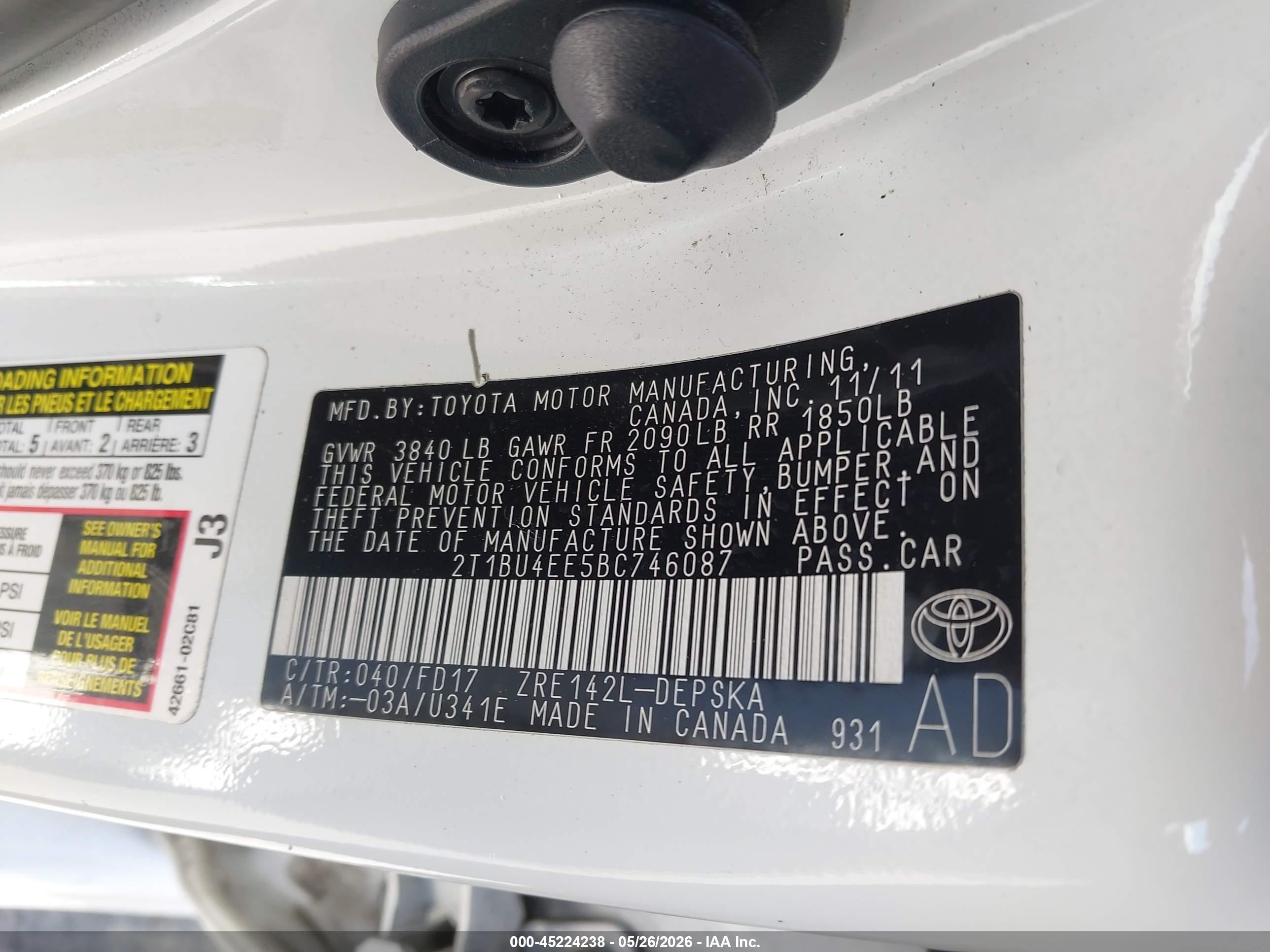 2011 Toyota Corolla S White vin: 2T1BU4EE5BC746087