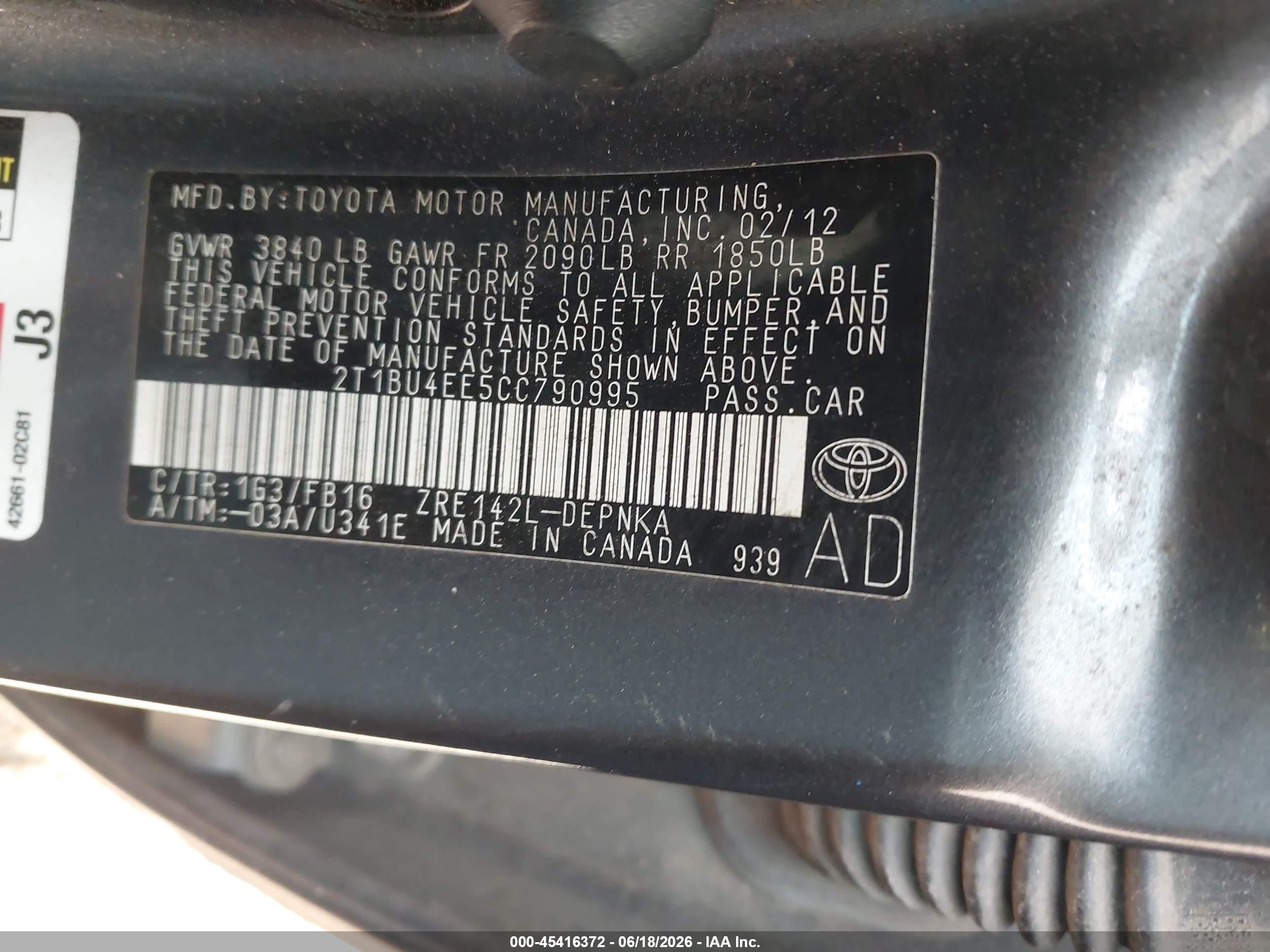 2012 Toyota Corolla Le Gray vin: 2T1BU4EE5CC790995