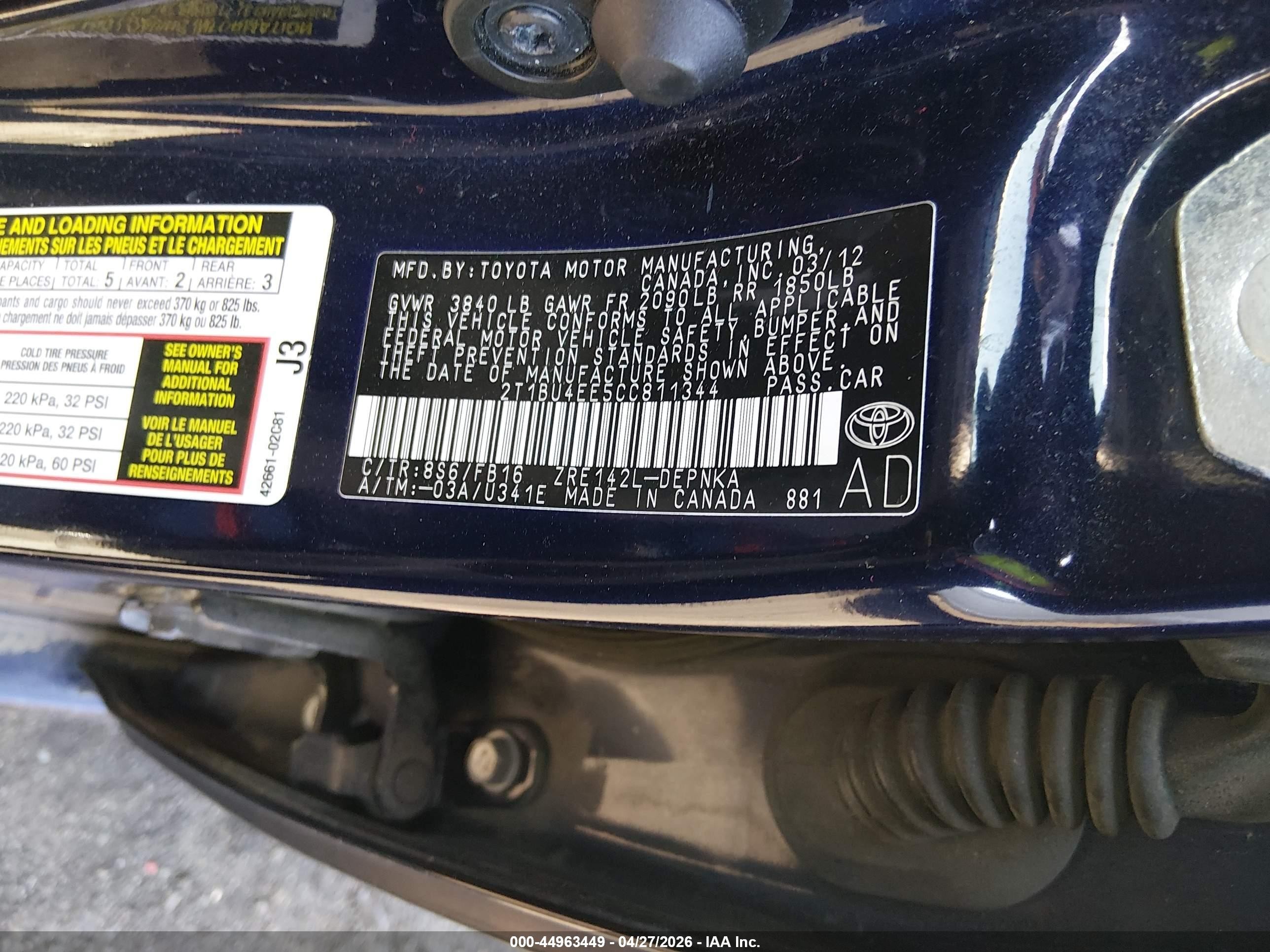 2012 Toyota Corolla Le Blue vin: 2T1BU4EE5CC811344