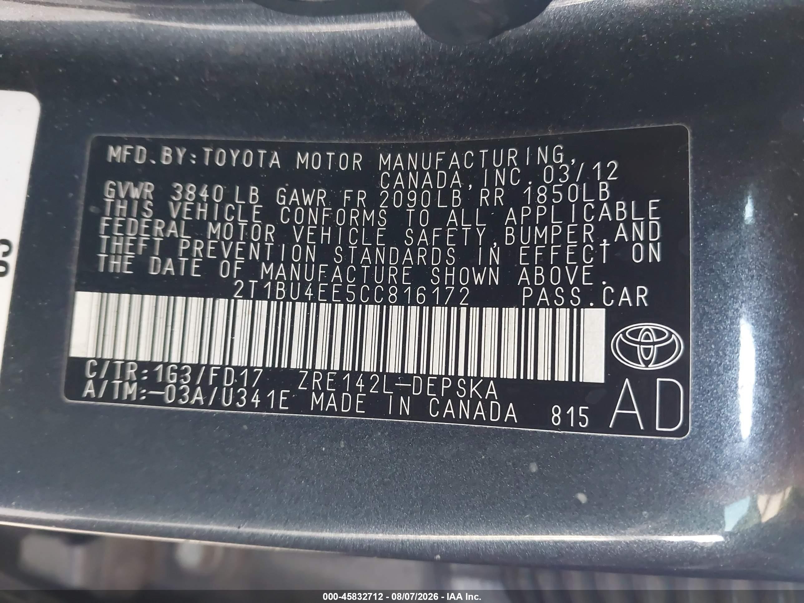 2012 Toyota Corolla S Gray vin: 2T1BU4EE5CC816172